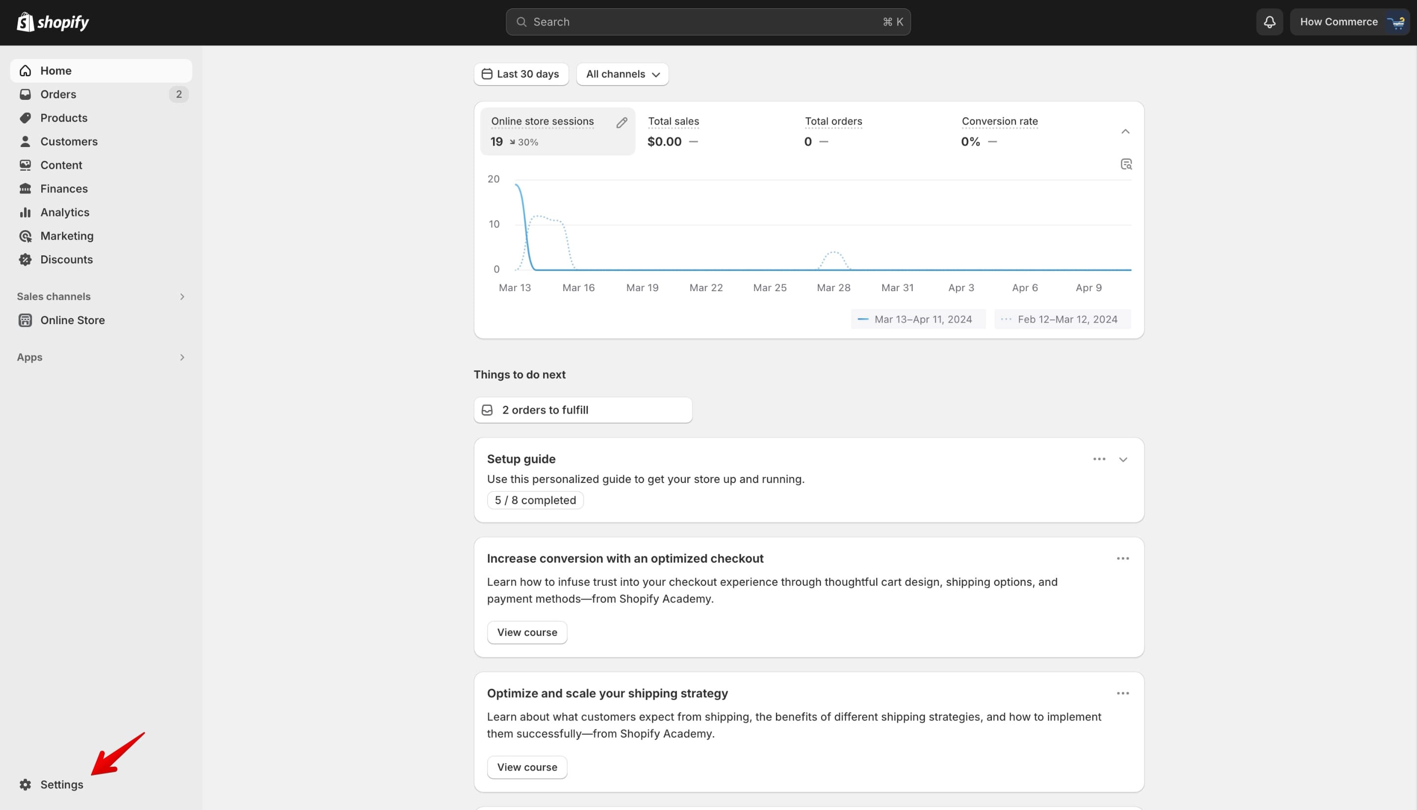 Shopify admin home page