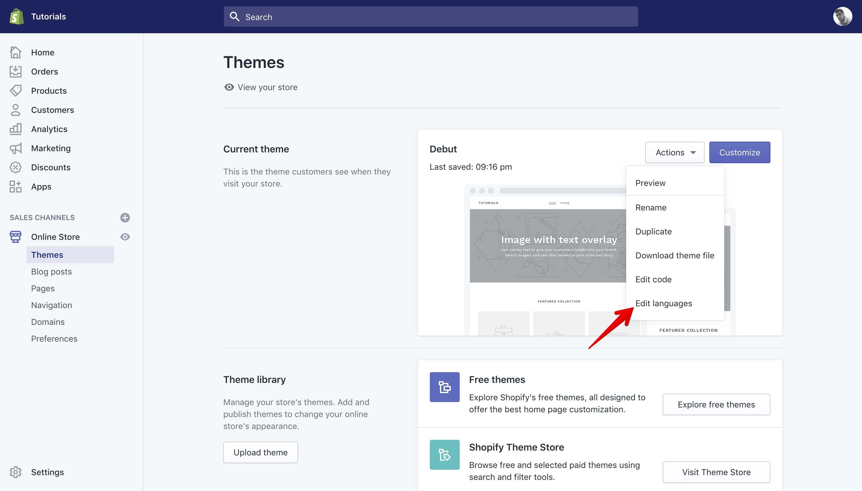 Shopify 'Edit Languages' menu item.