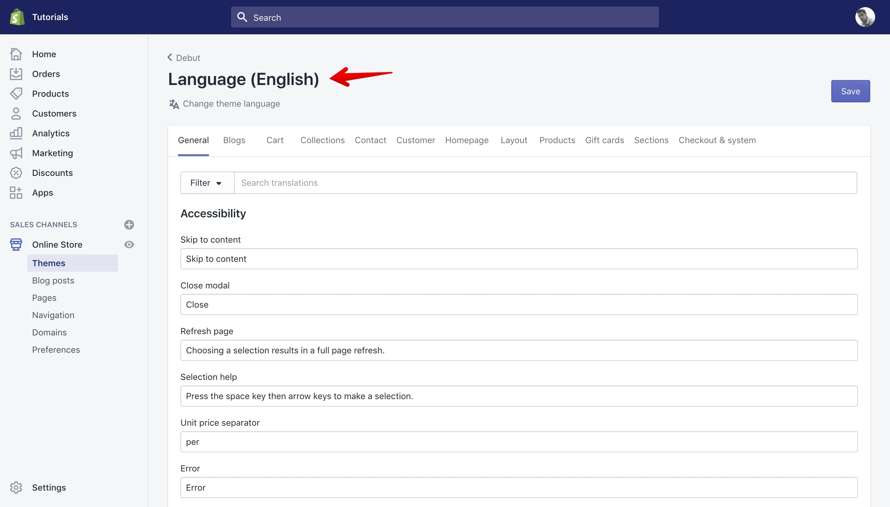 Shopify 'Edit Language' page, English language settings.