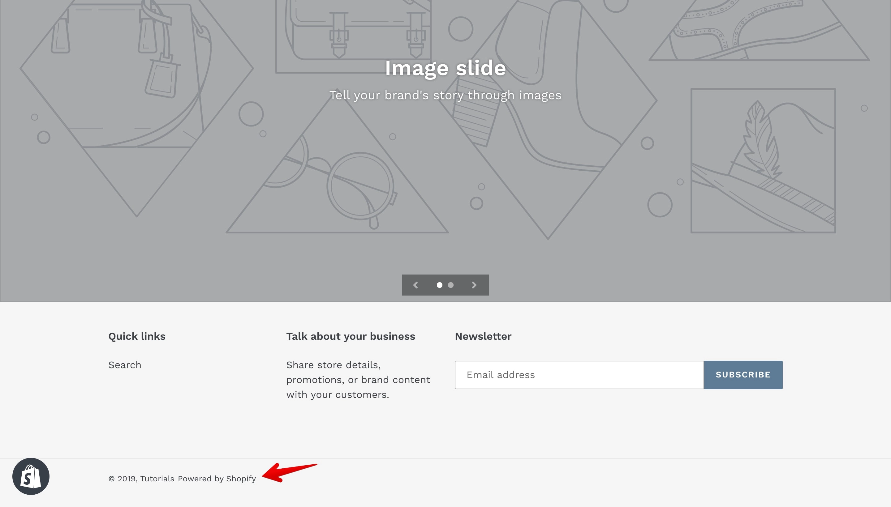 Debut theme 'Powered by Shopify' copyright text.