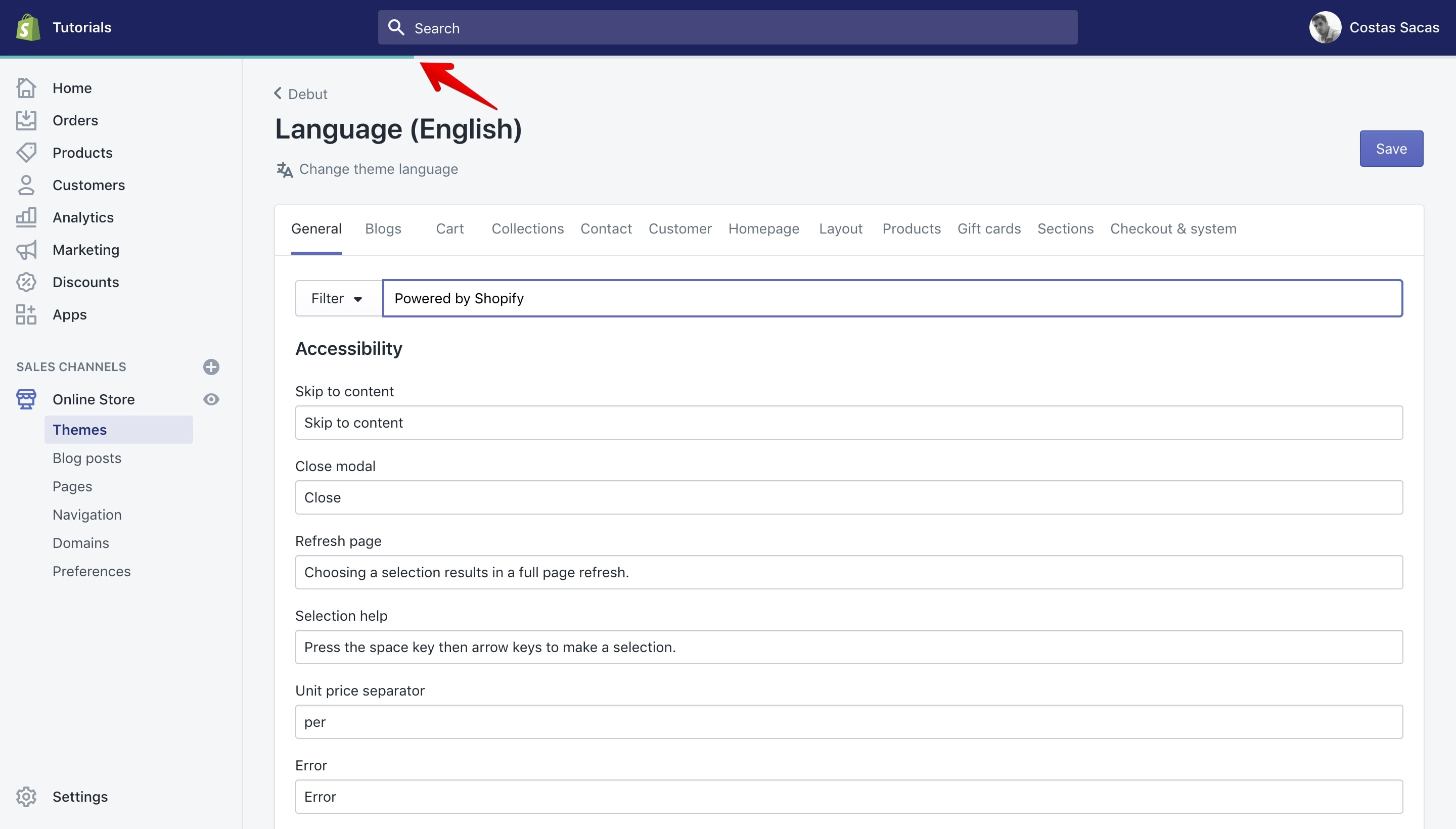 Shopify filtering 'Powered by Shopify' copyright.