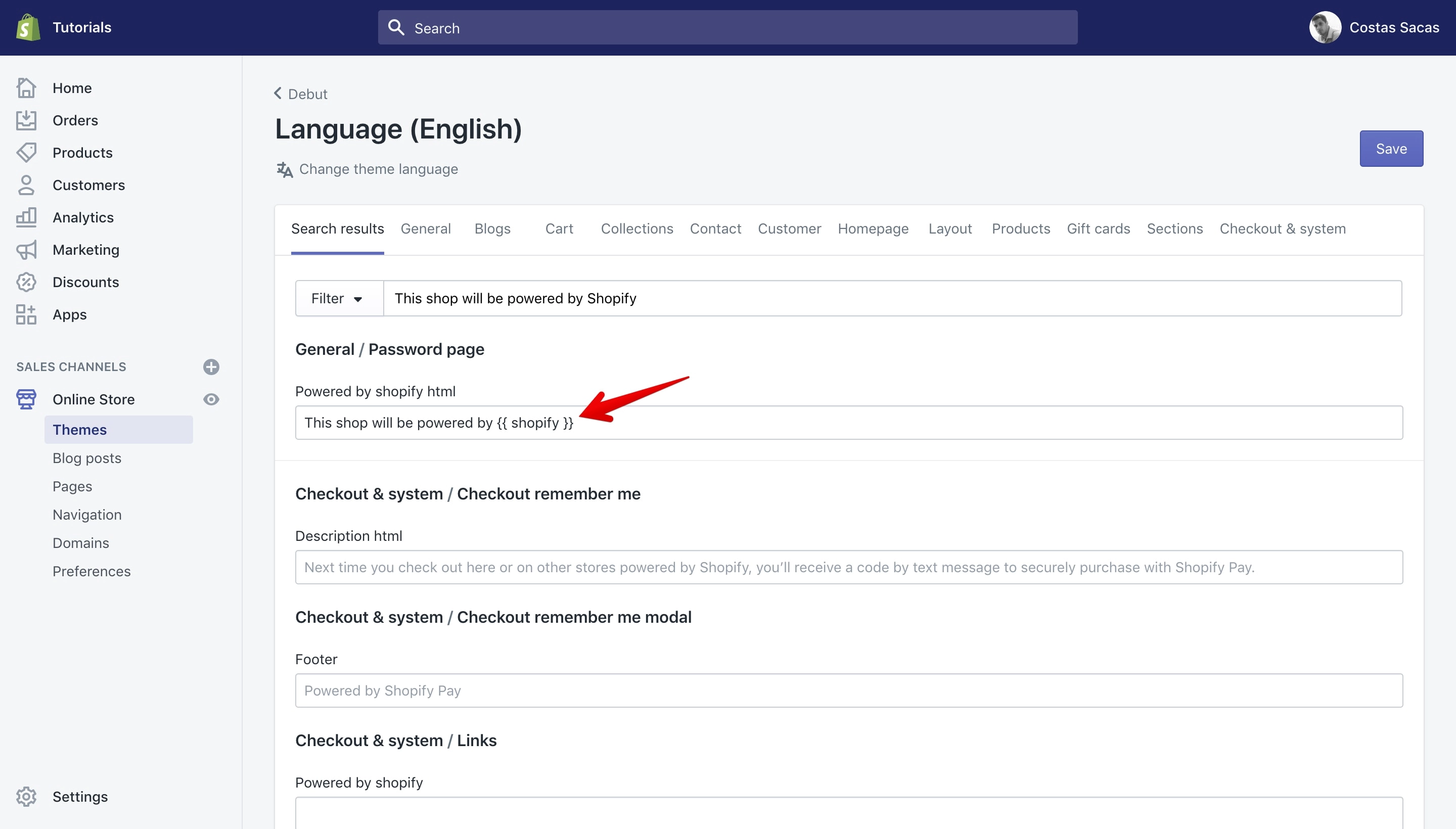 Debut theme replaces offline page copyright text.