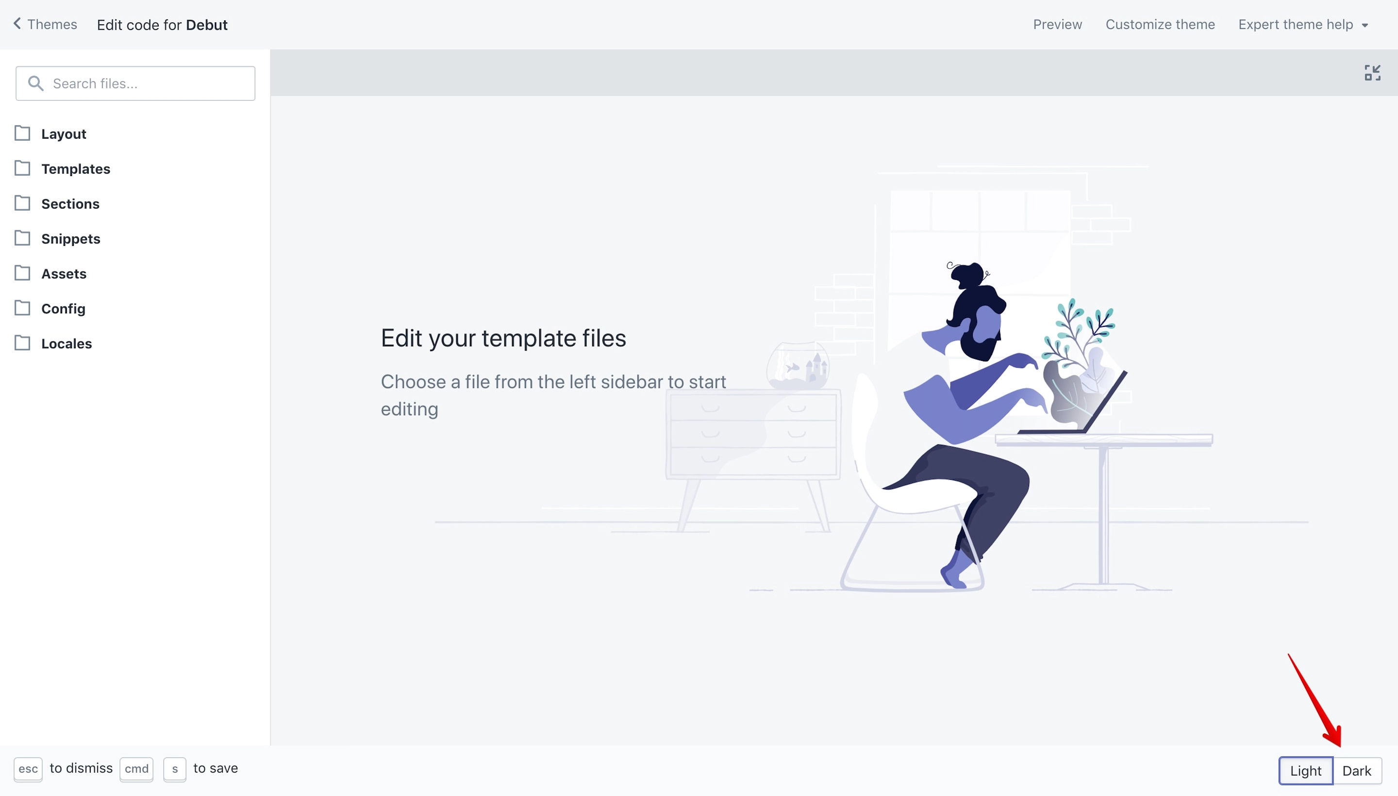 Shopify code editor 'Dark mode' selector.