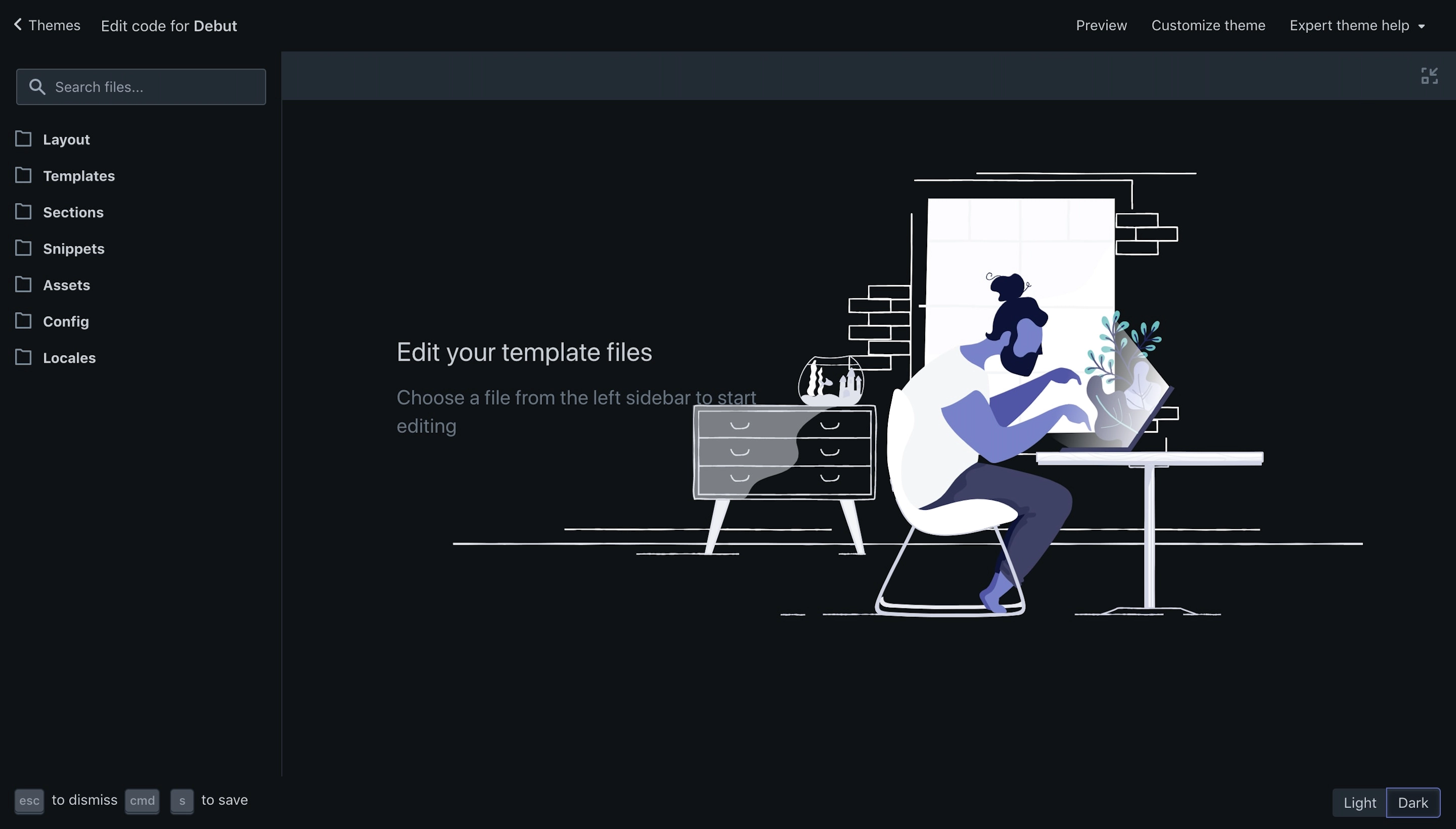 Shopify code editor in 'Dark mode'.