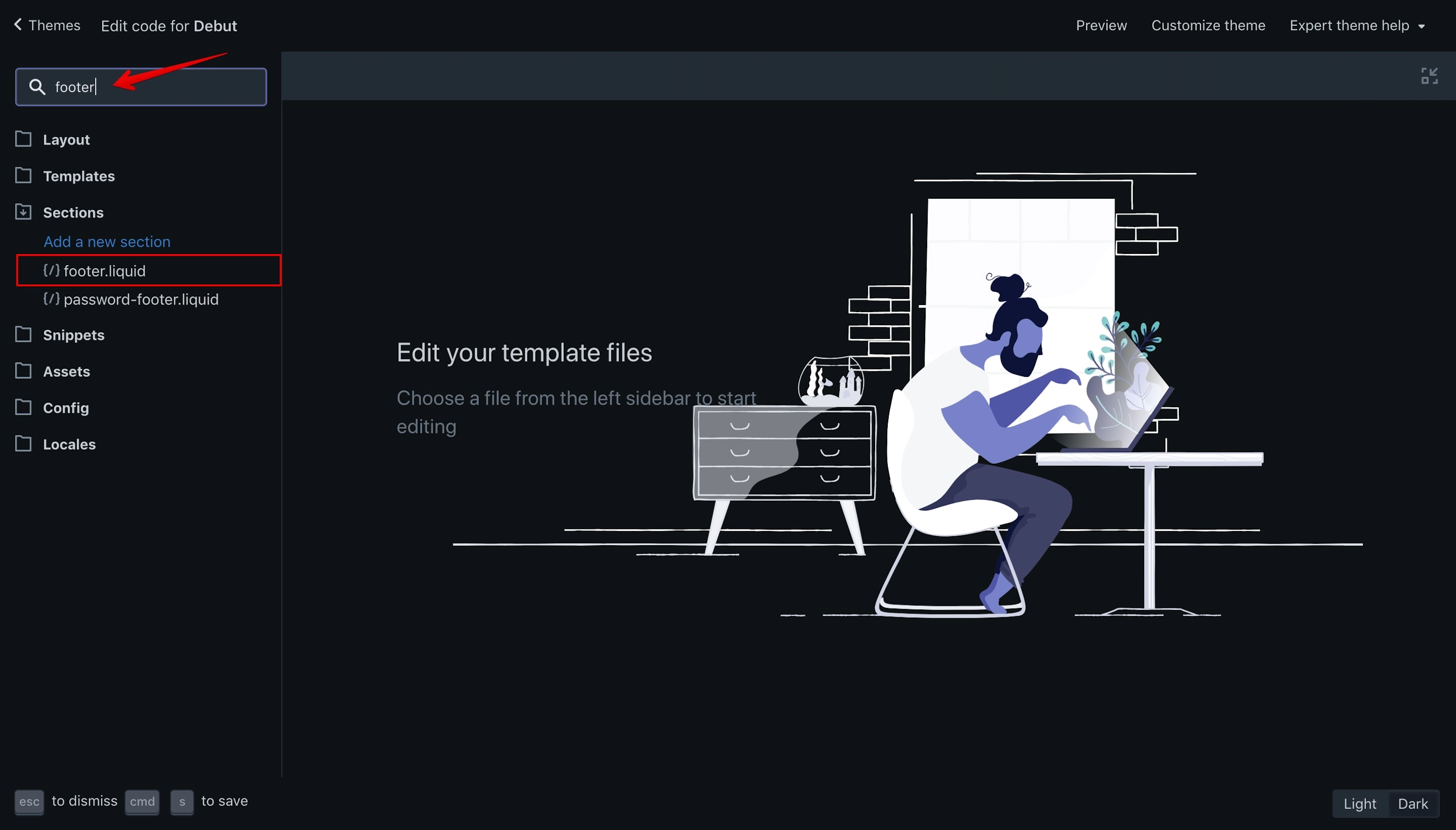 Debut theme 'footer.liquid' file selection in the code editor.