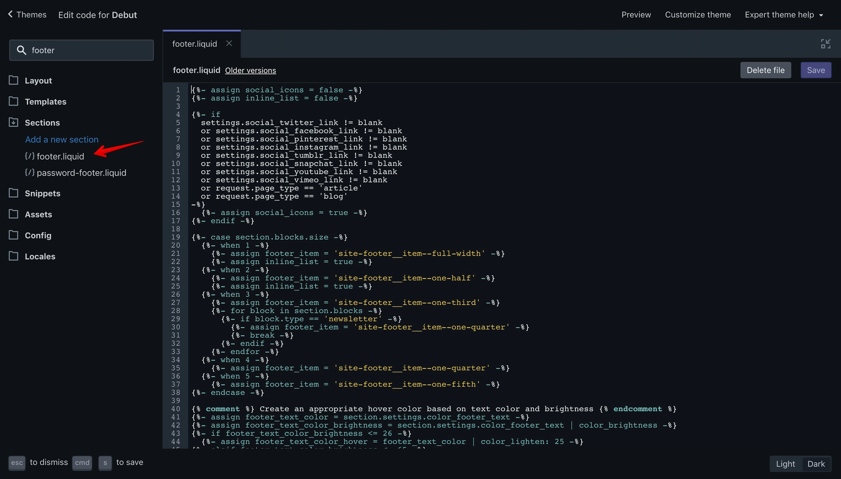 Debut theme 'footer.liquid' file opened in the code editor.