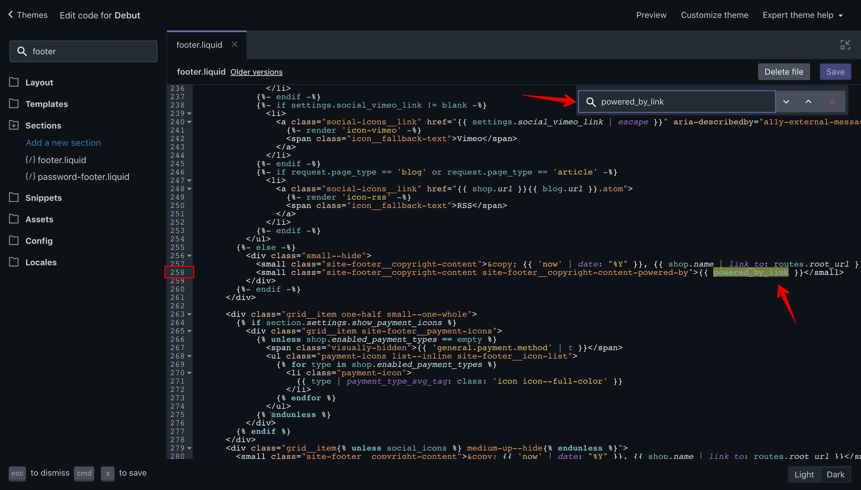 Debut theme 'footer.liquid' search for the 'powered_by_link' variable.