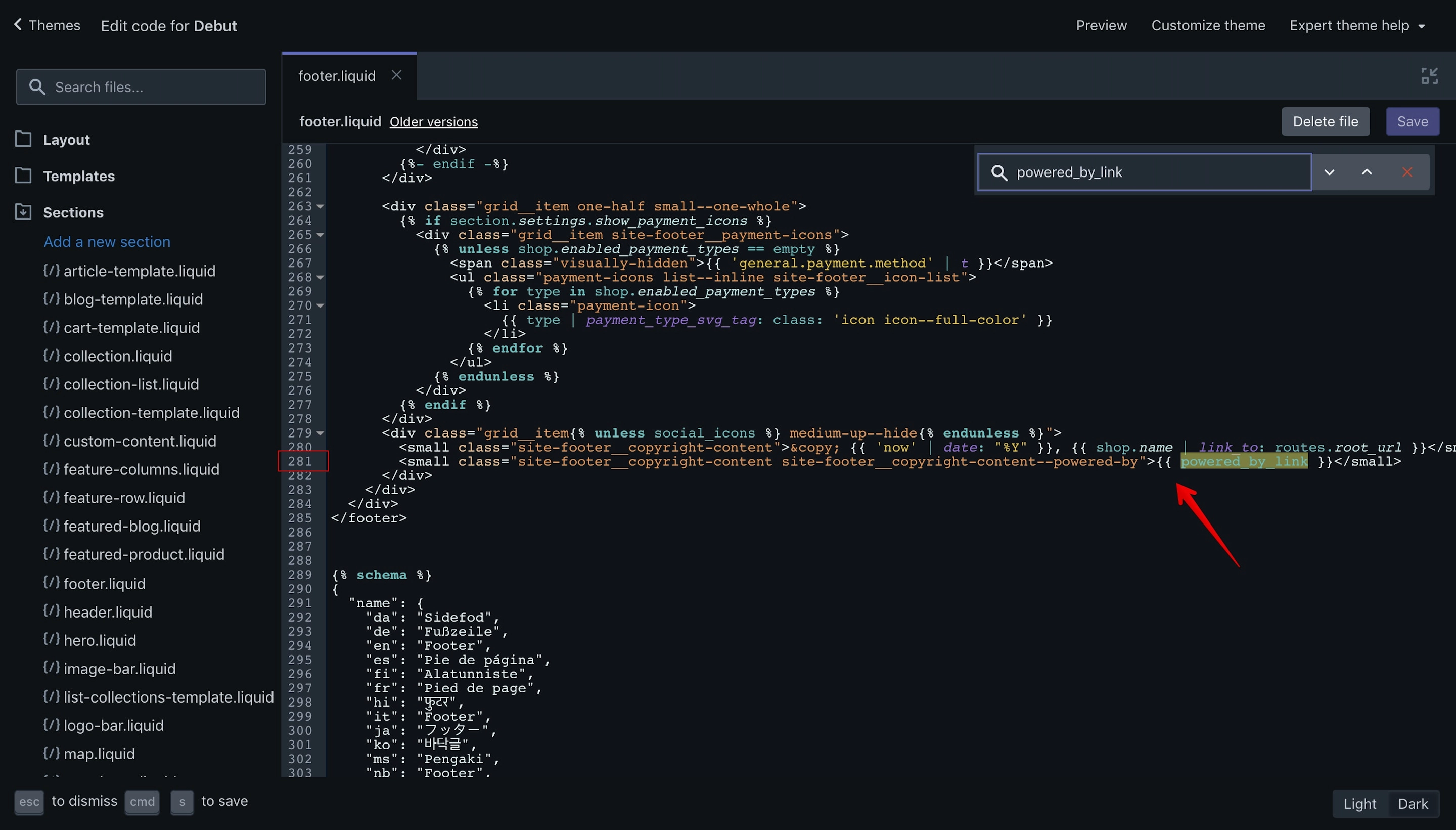 Debut theme search for the powered_by_link variable second location.