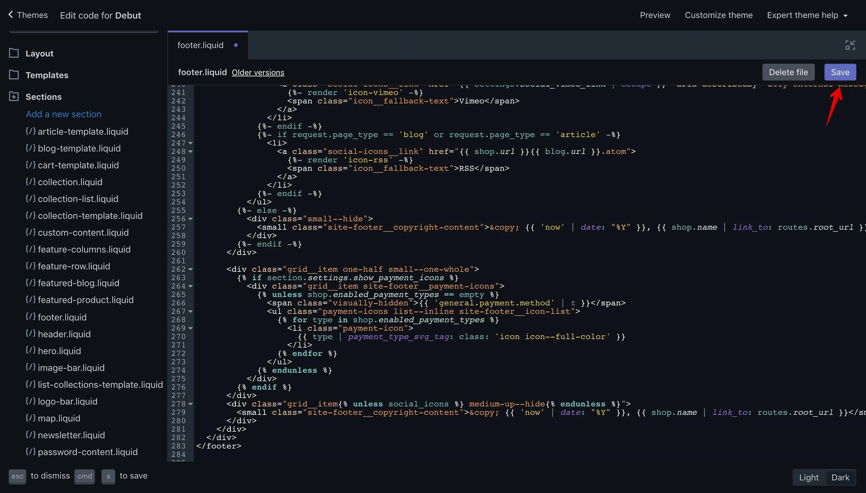 Shopify code editor Save new changes.