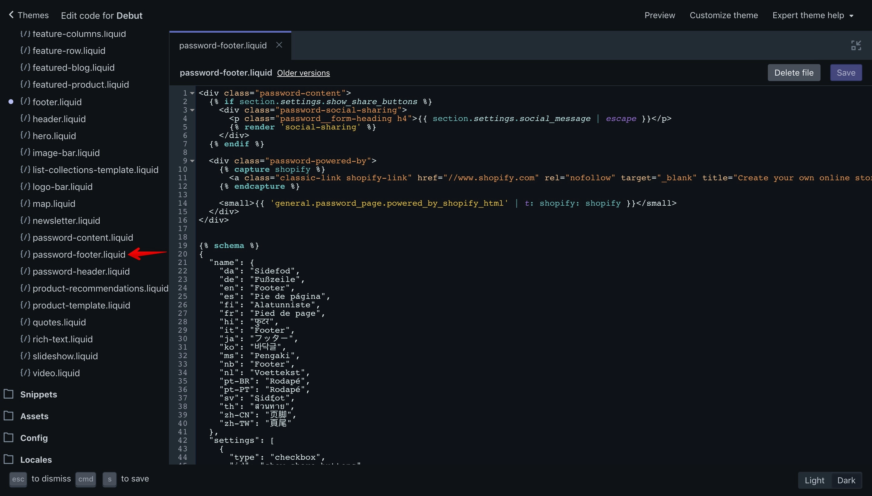 Debut theme password-footer.liquid file opened in the code editor.