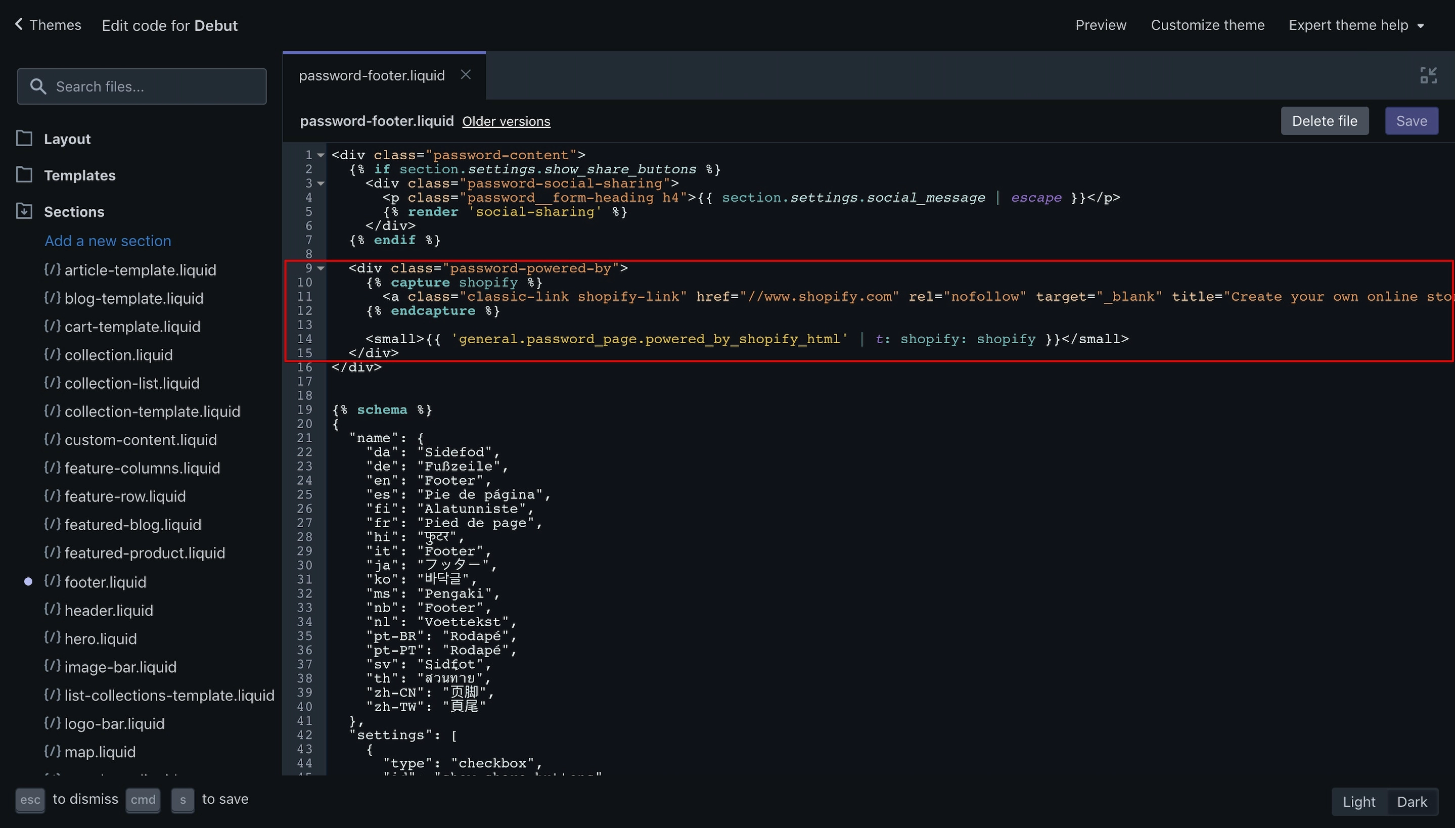 Debut theme copyright code that needs removal.