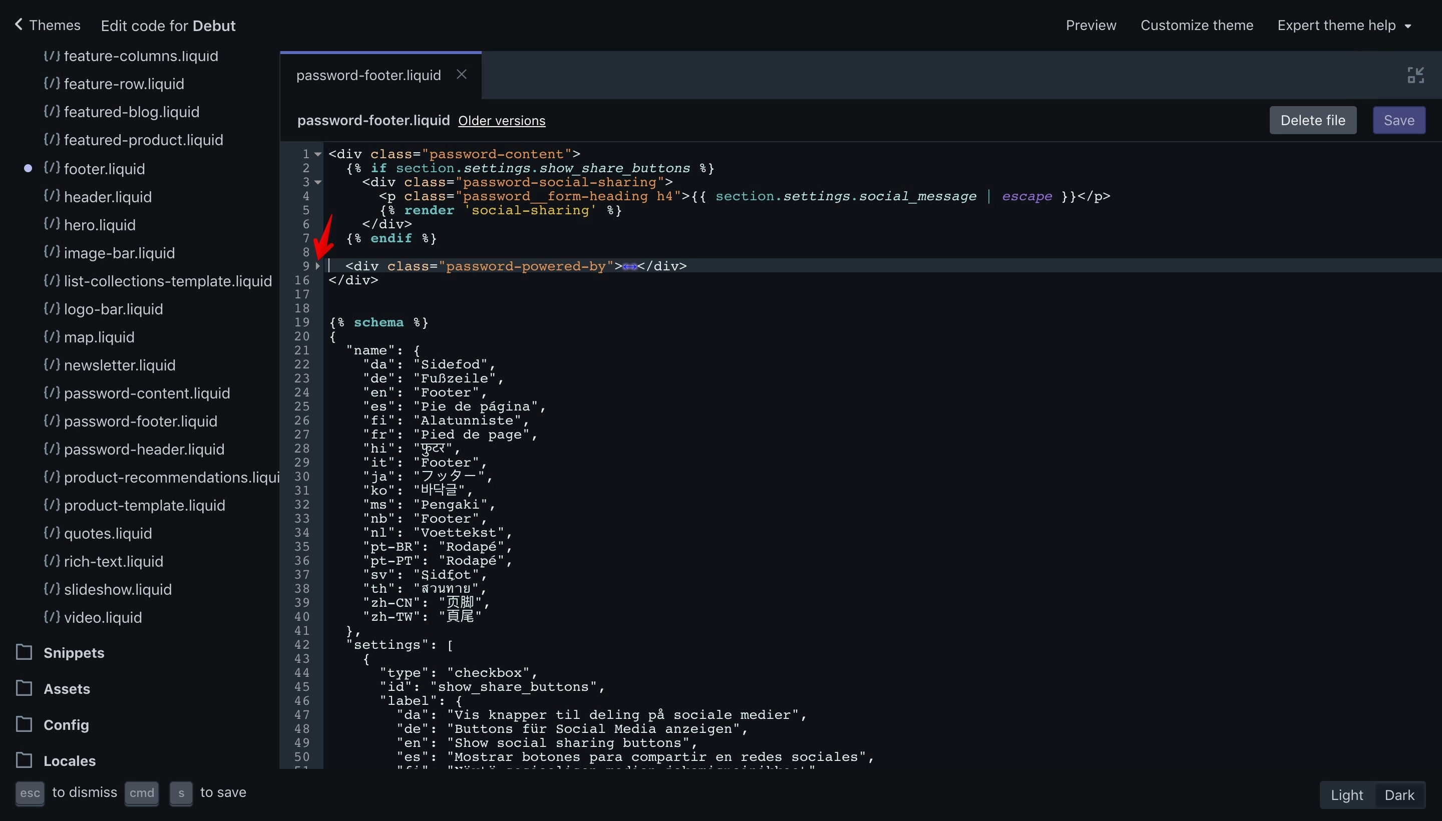 Debut theme copyright code selection in the code editor.