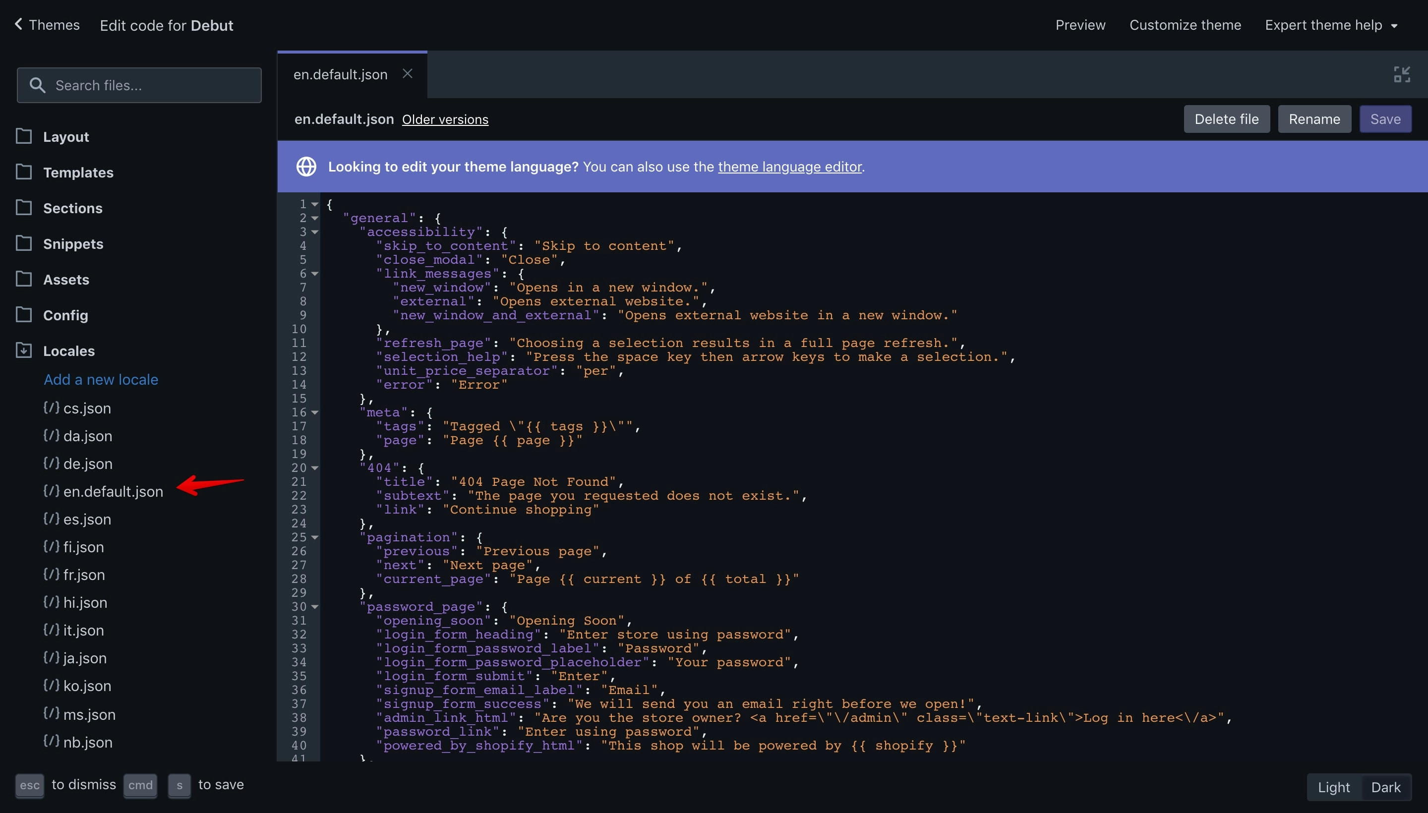 Debut theme en.default.json file opened in the code editor.