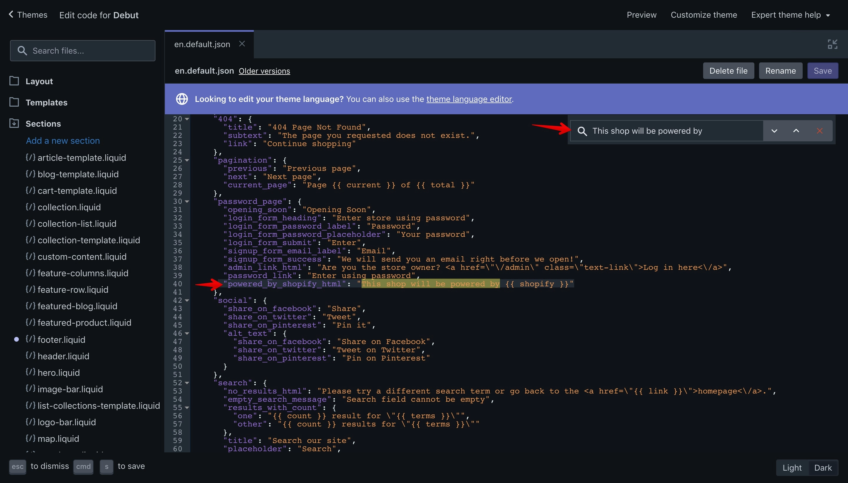 Debut theme copyright code selection.