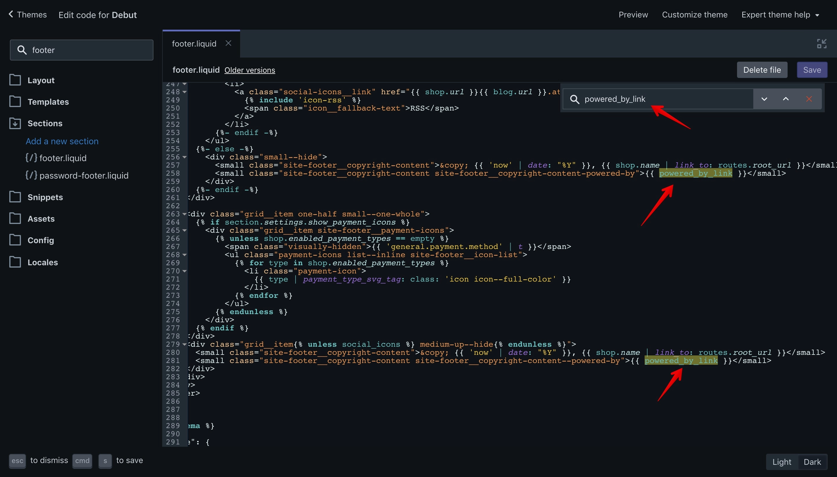 Debut theme footer.liquid search for the powered_by_link variable.