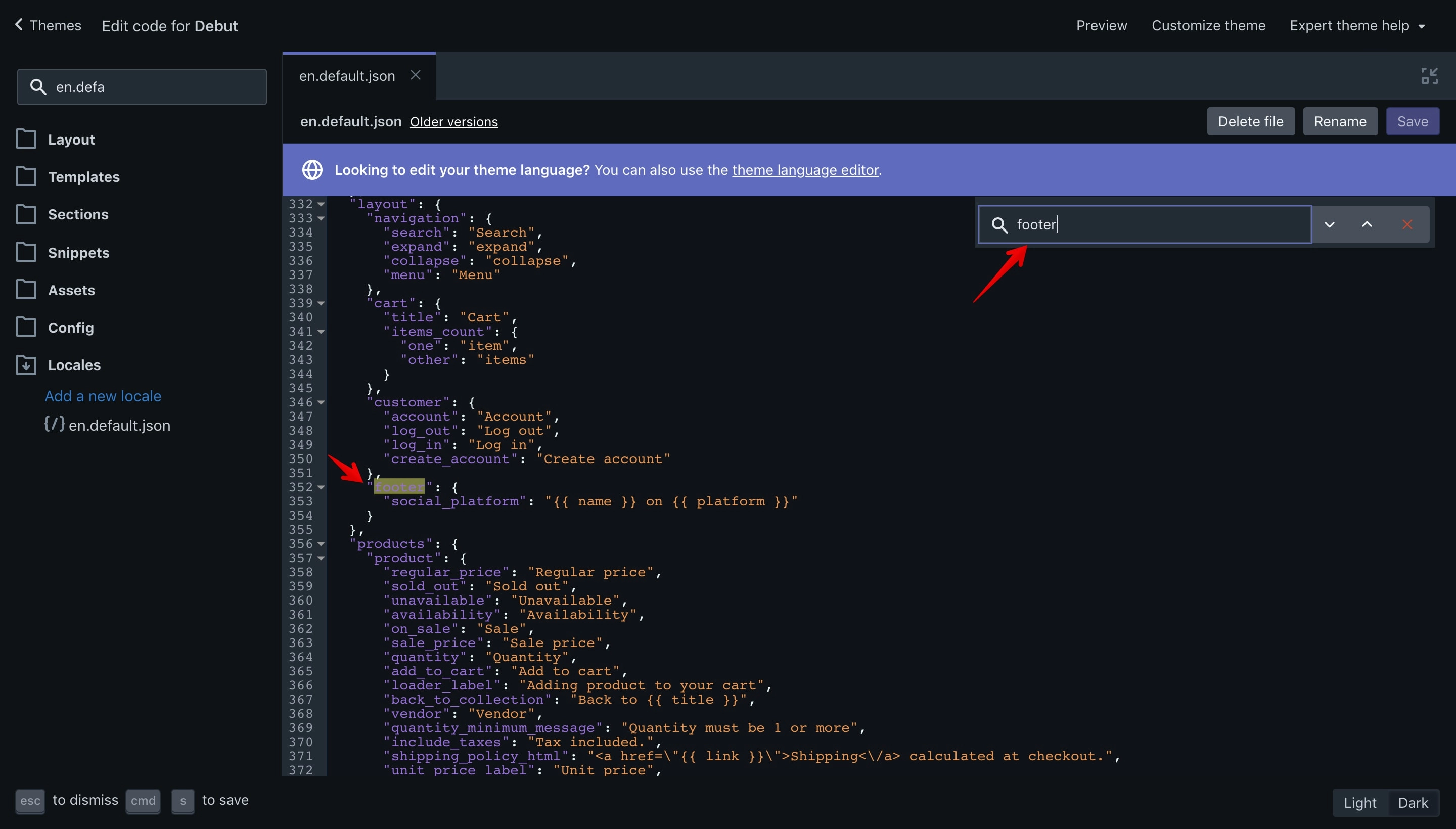 Debut theme footer translation key in the en.default.json file.