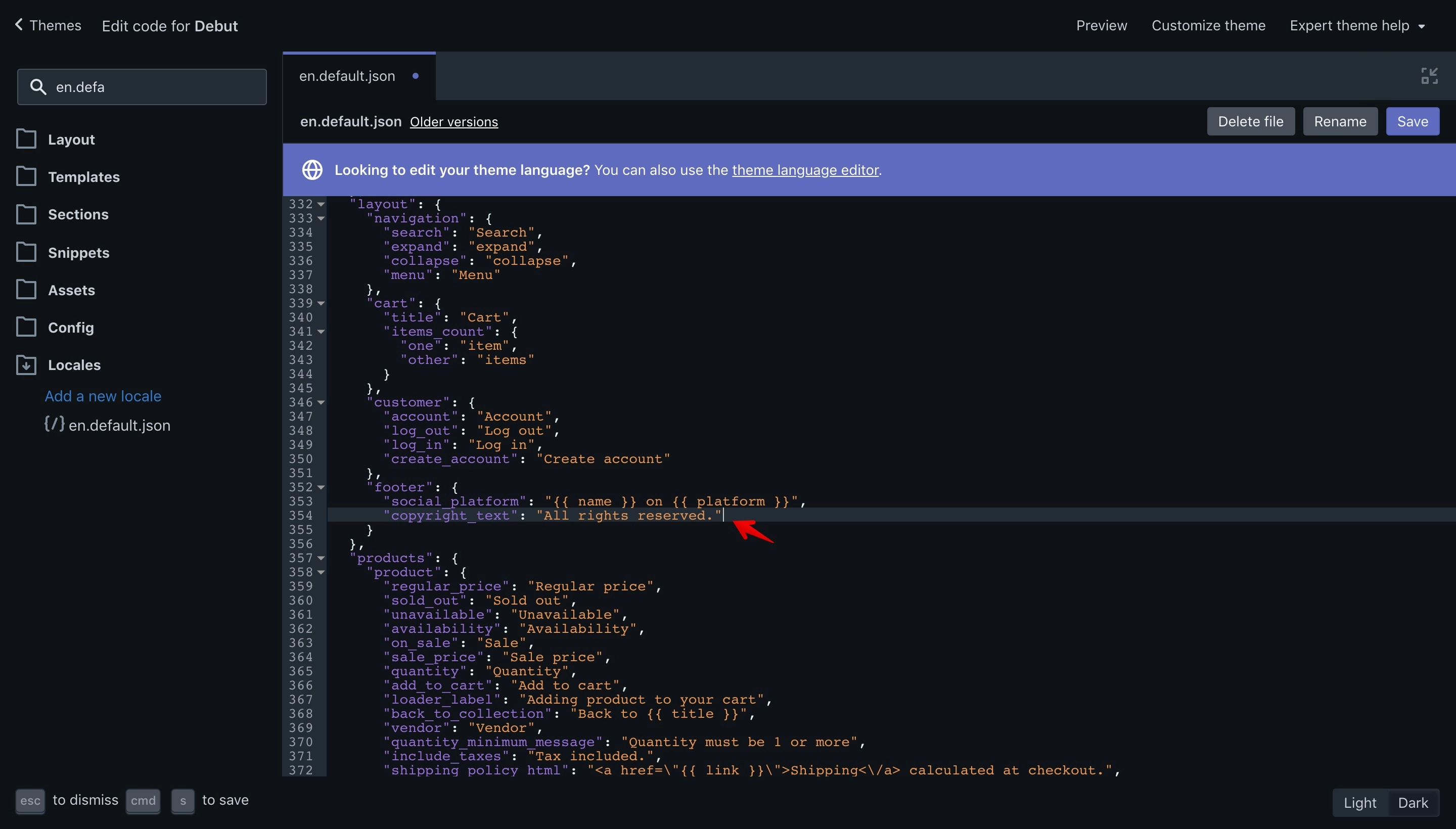 Debut theme footer translation key in the en.default.json file.