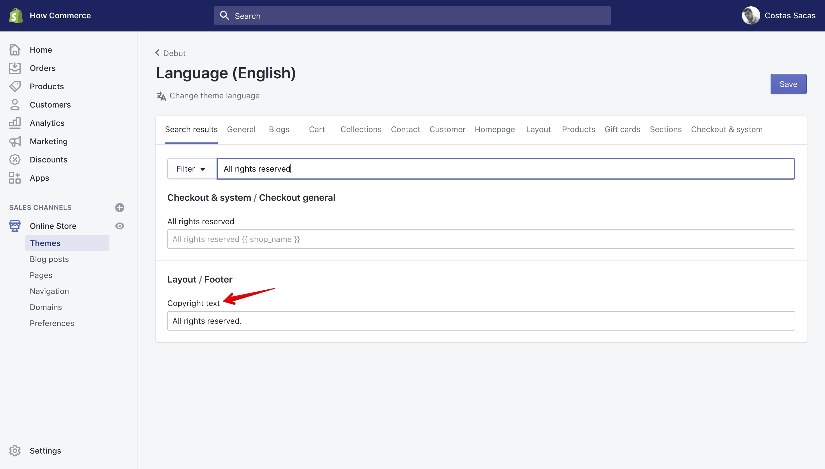 Debut theme new copyright text in Language panel.