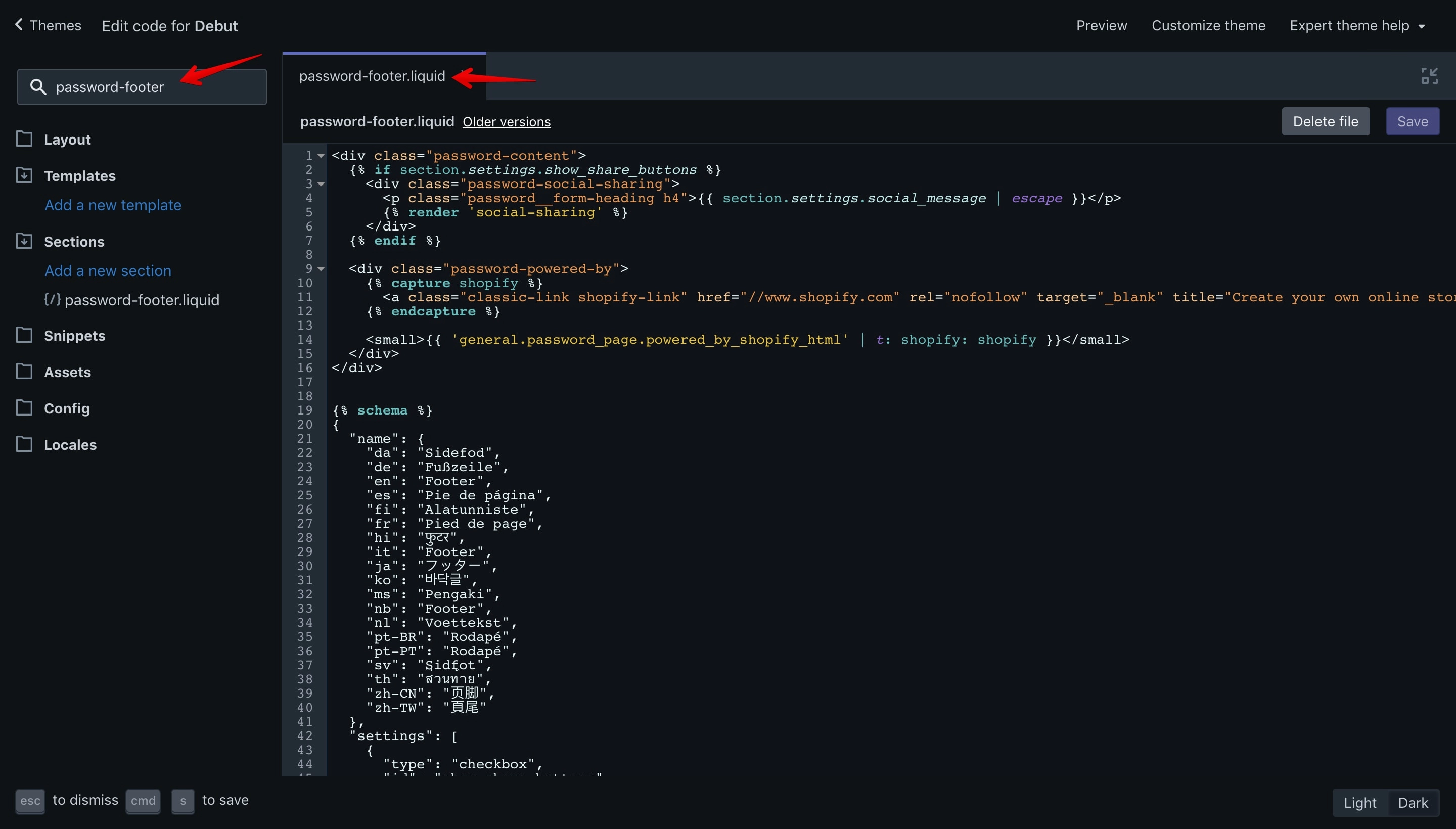 Debut theme password-footer.liquid file opened in the code editor.