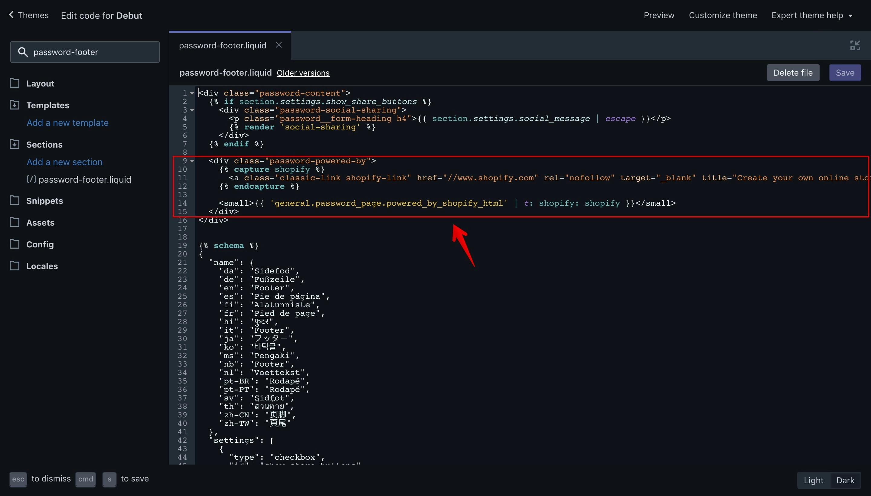 Debut theme copyright code that needs removal.