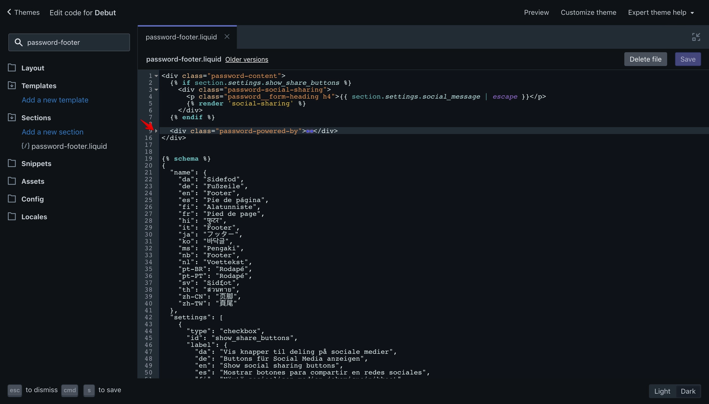 Debut theme copyright code selection in the code editor.