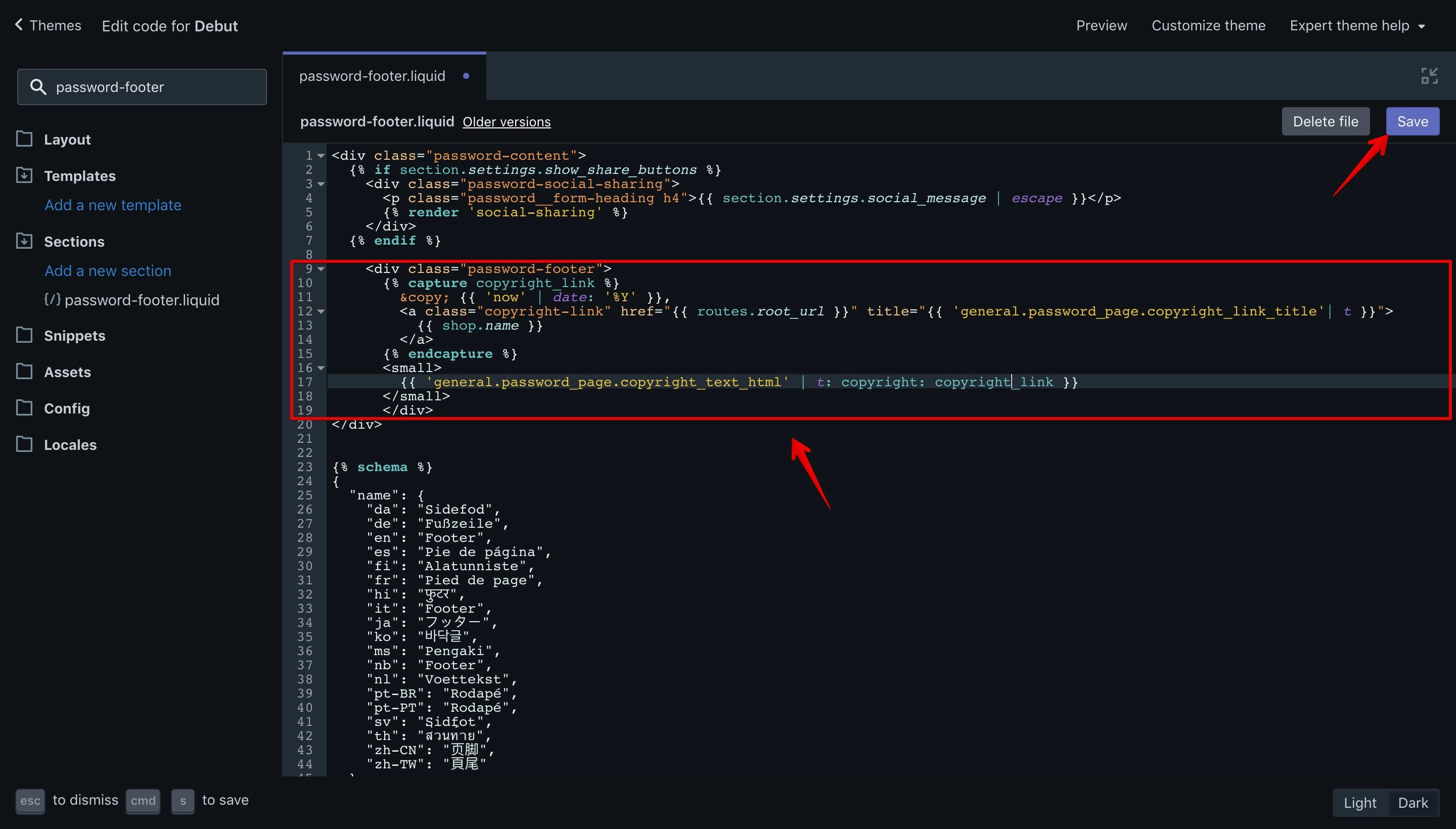 Debut theme offline page copyright new code in the code editor.