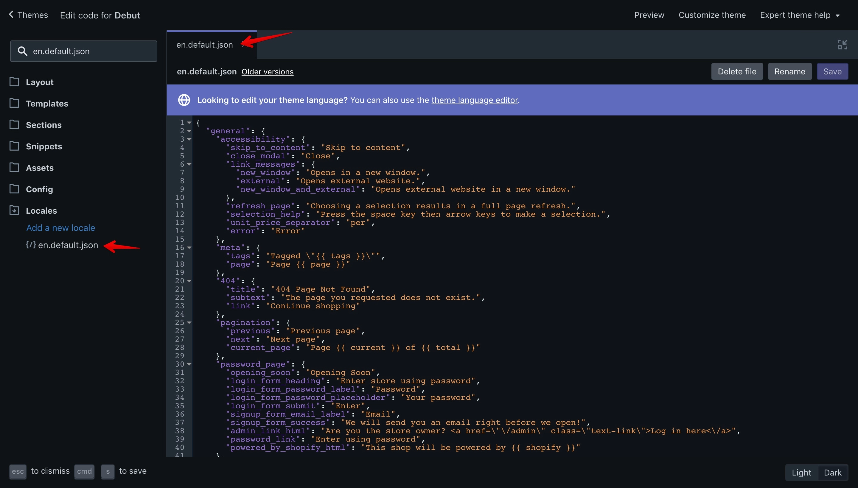 Debut theme âen.default.jsonâ language file.