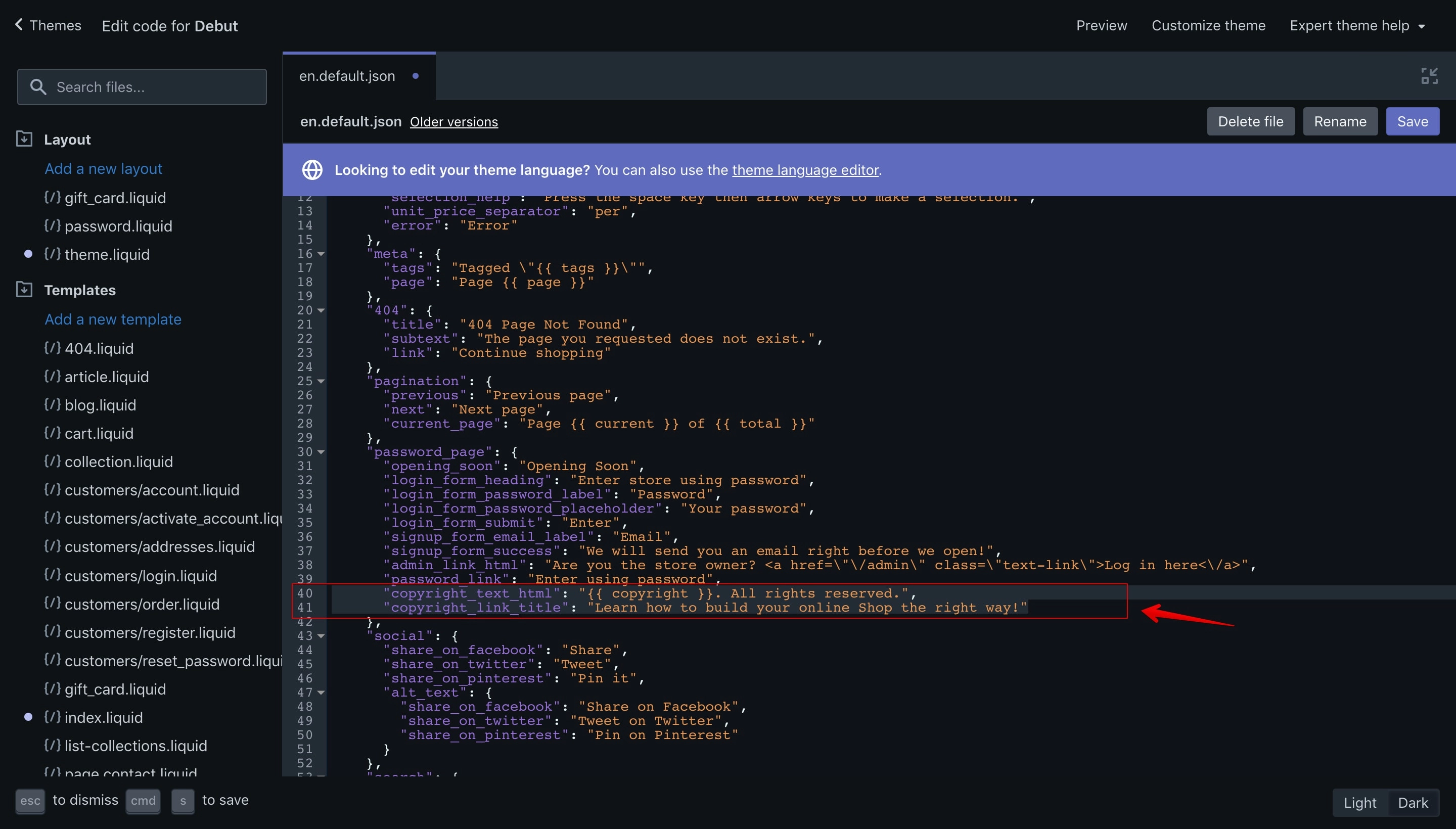 Debut theme âen.default.jsonâ language file with the new translation key.