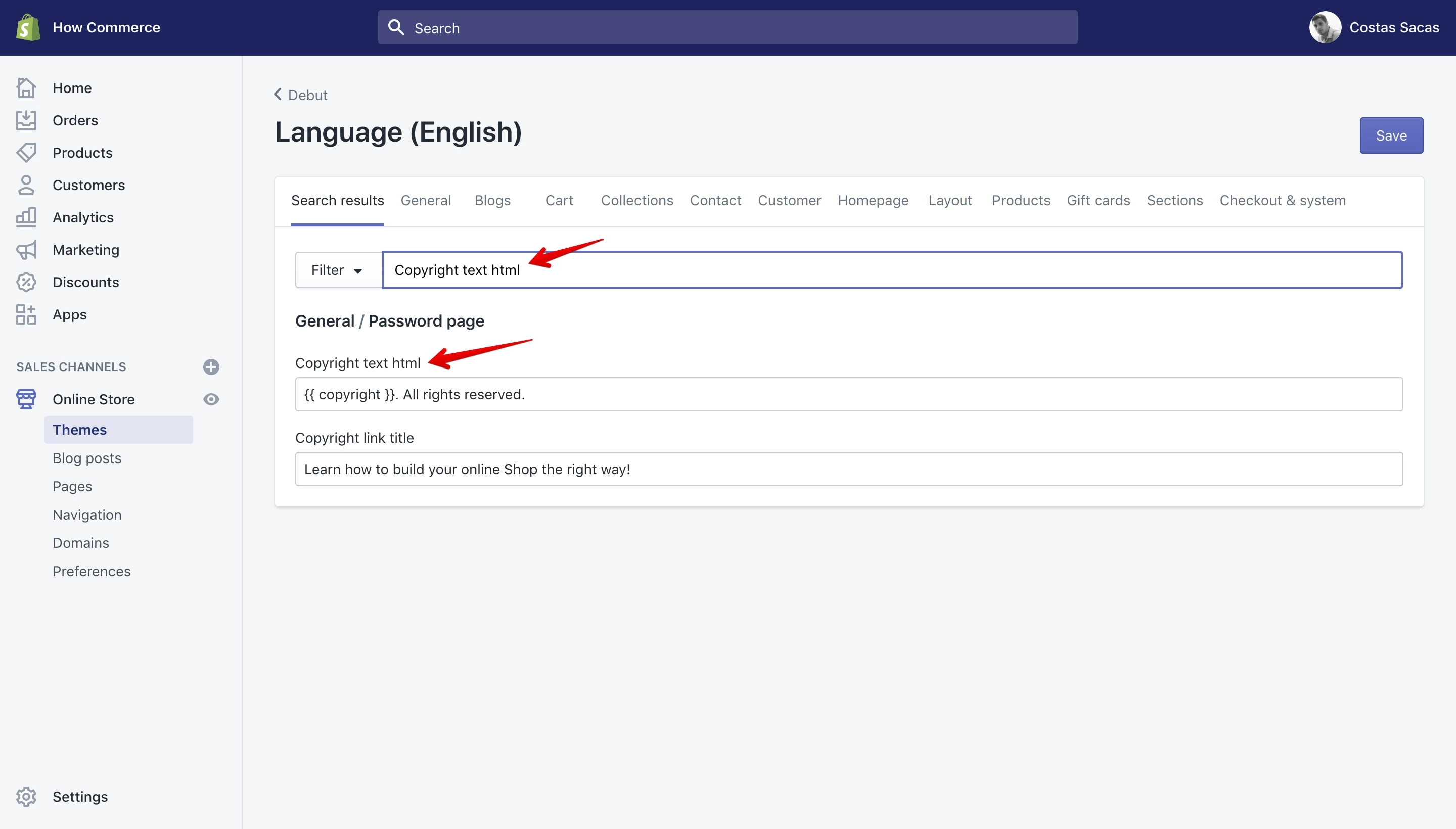 Debut theme "Copyright text html" translation key in the language panel.