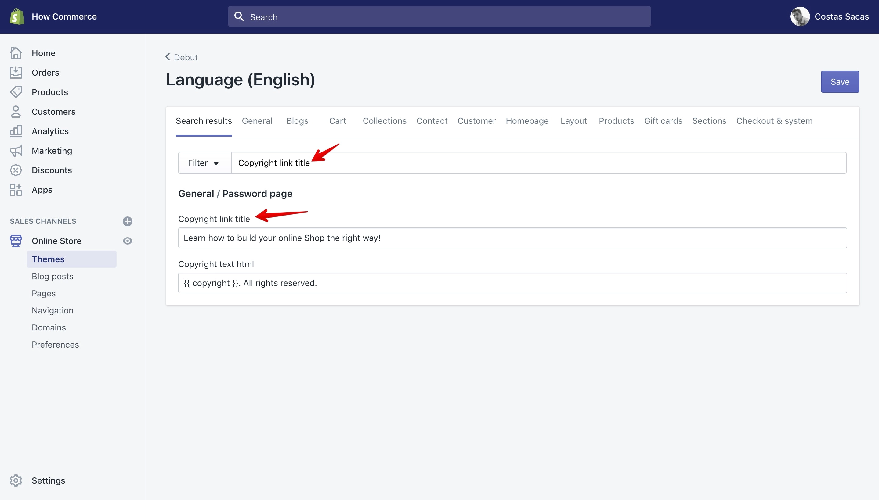 Debut theme âCopyright link titleâ translation key in the Language panel.