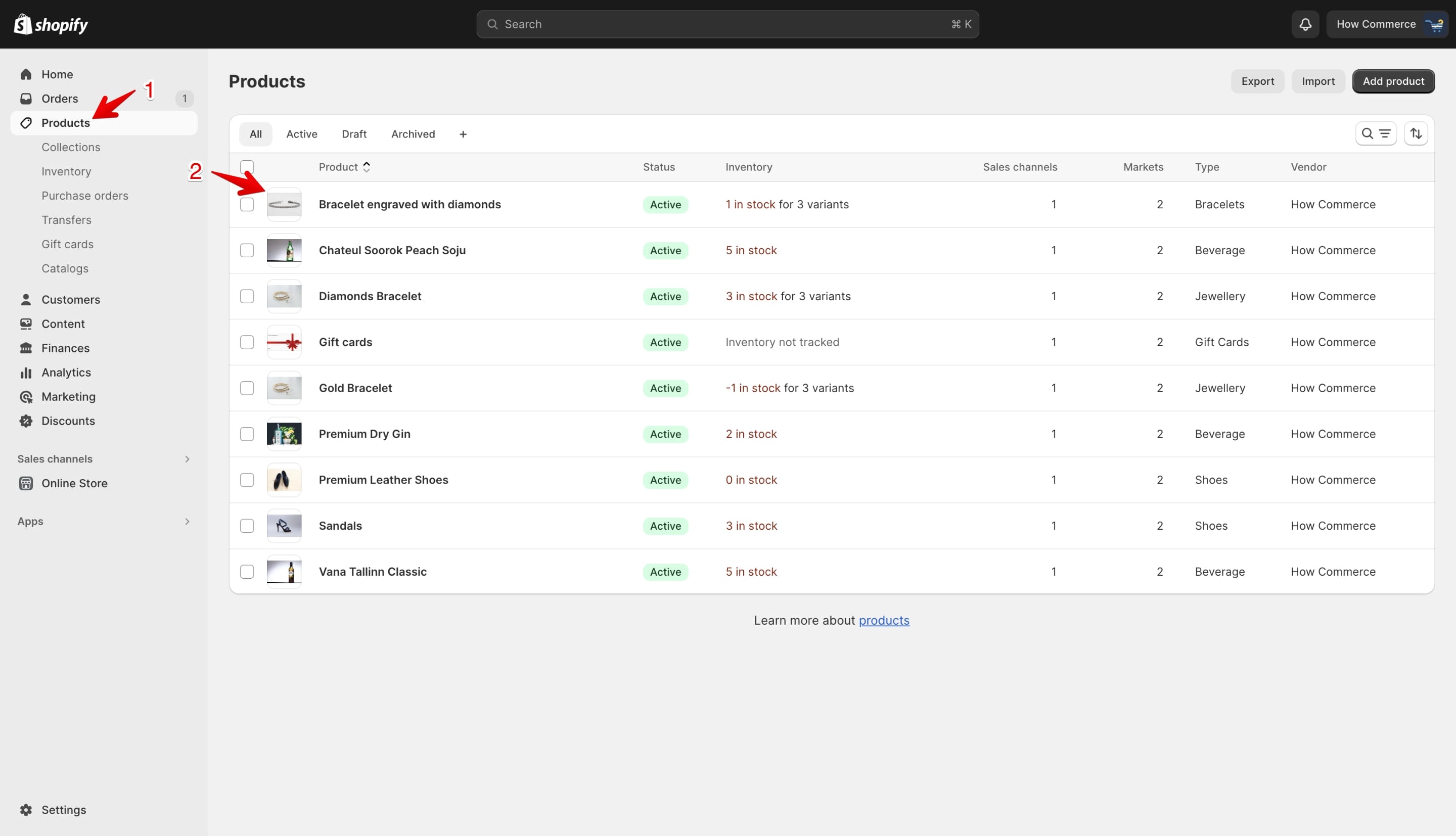 Shopify products page with a product highlighted for editing