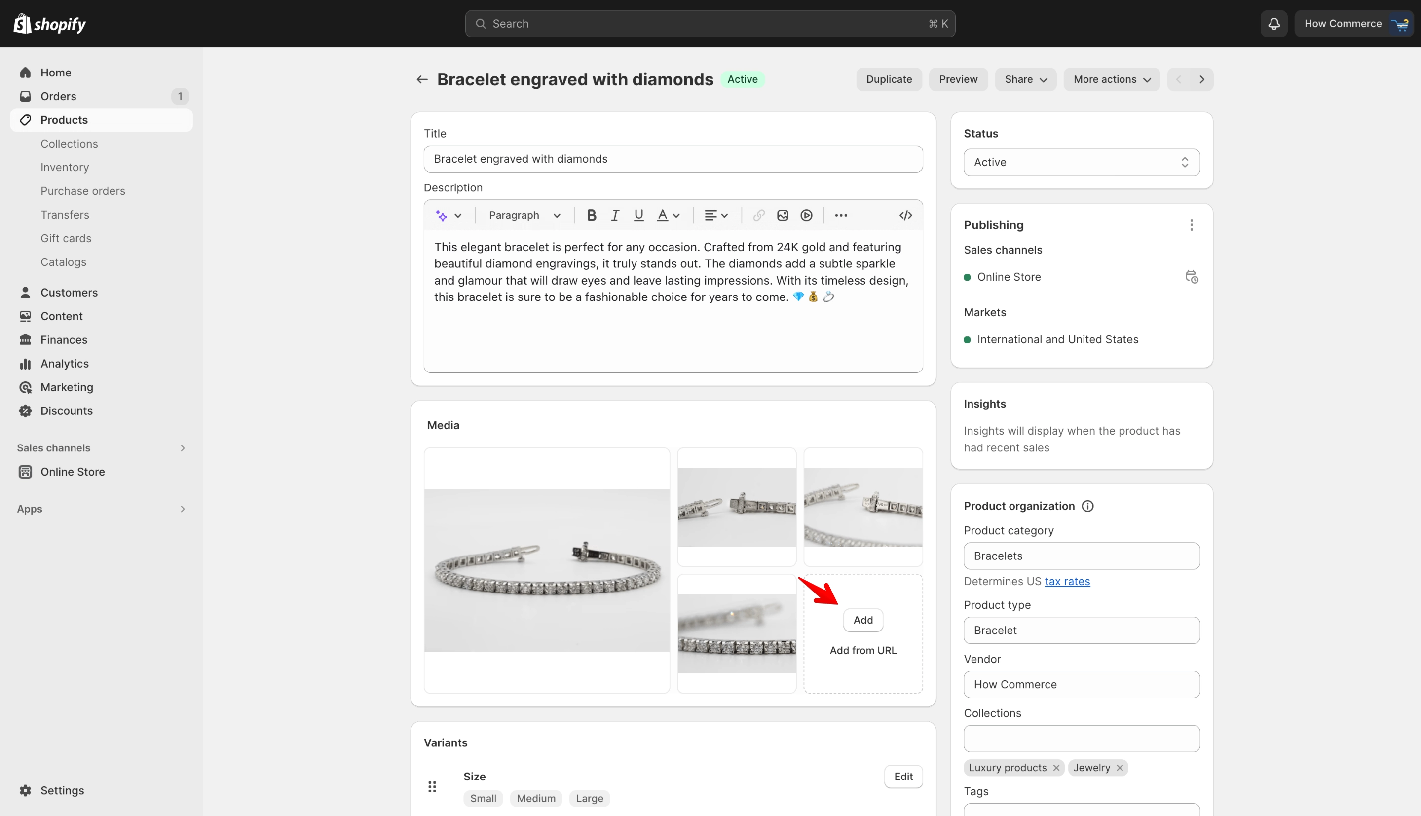 Media section in Shopify product editor with Add button