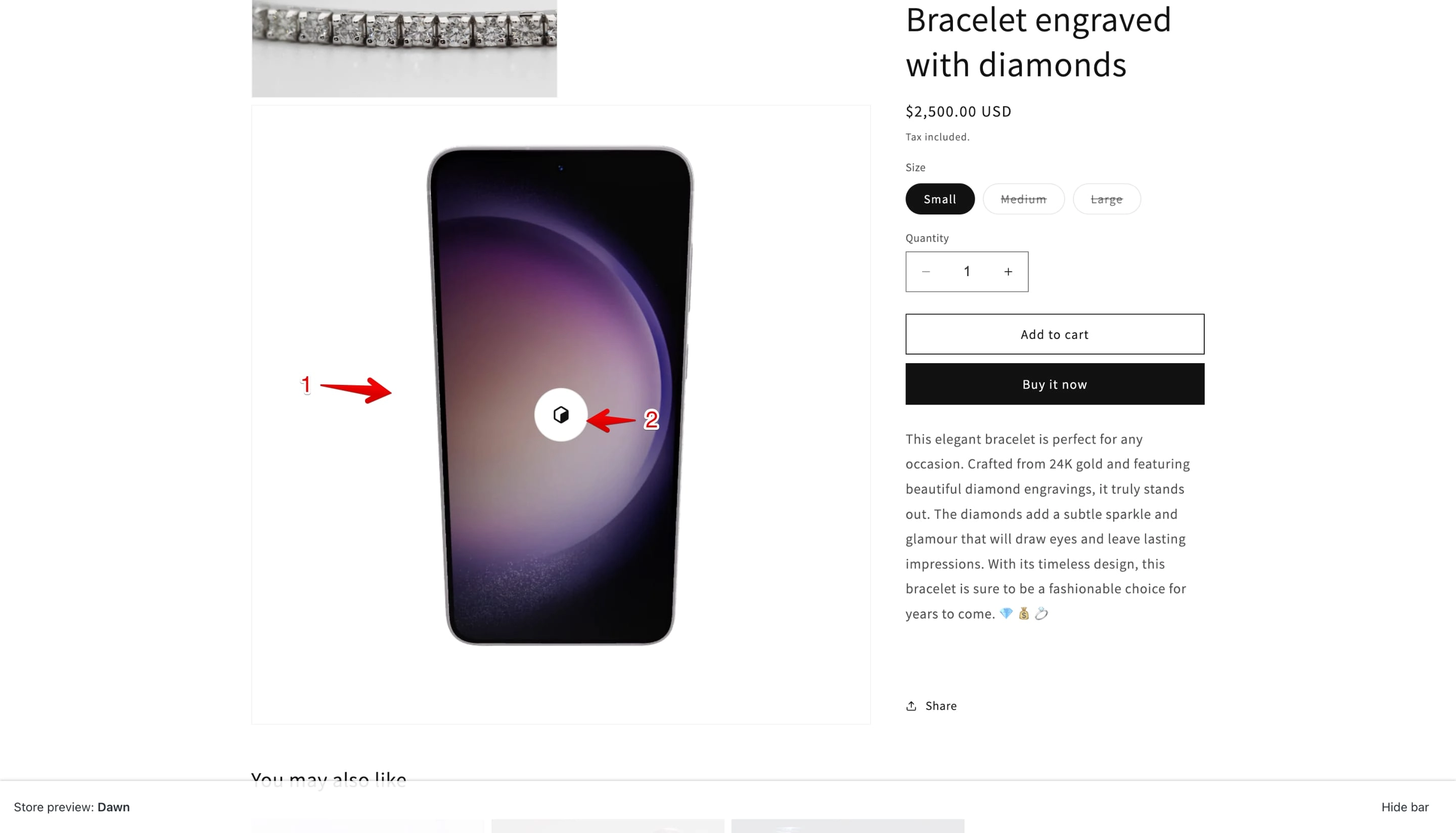 3D model displayed on the Shopify storefront with cube icon for interaction
