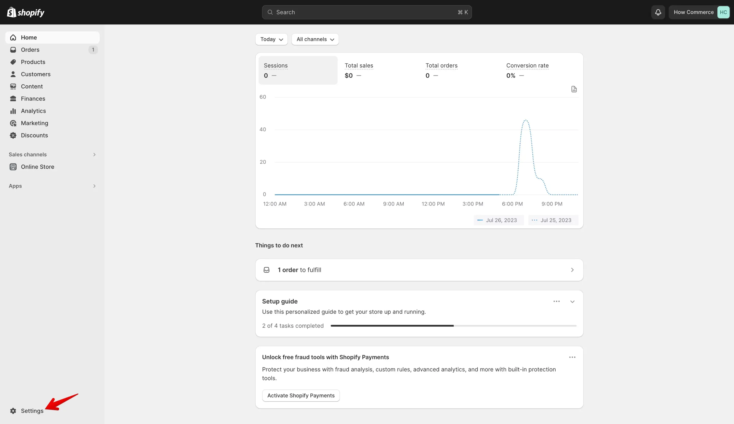 Shopify “Settings” menu item.