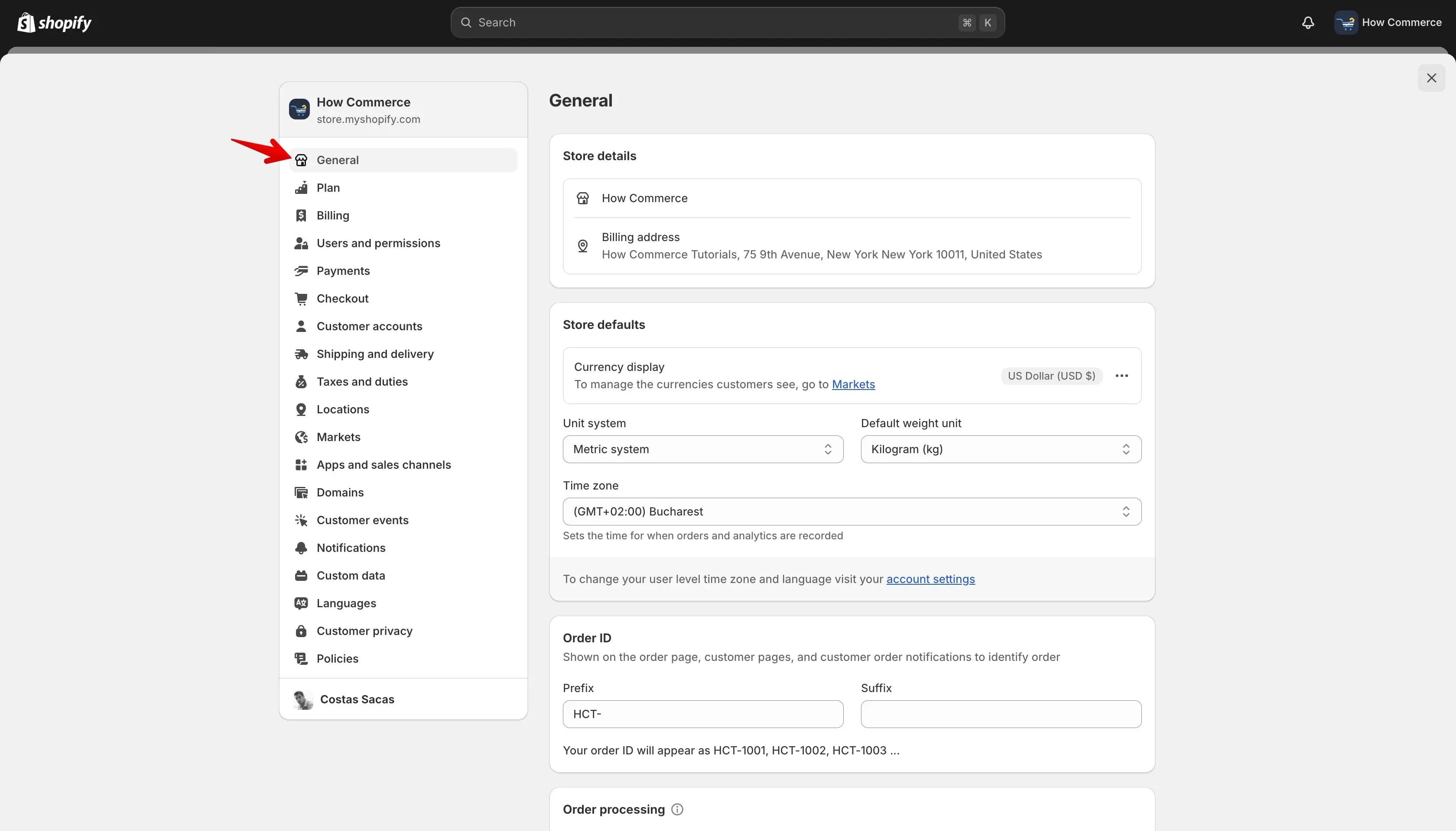 Shopify “General” tab.