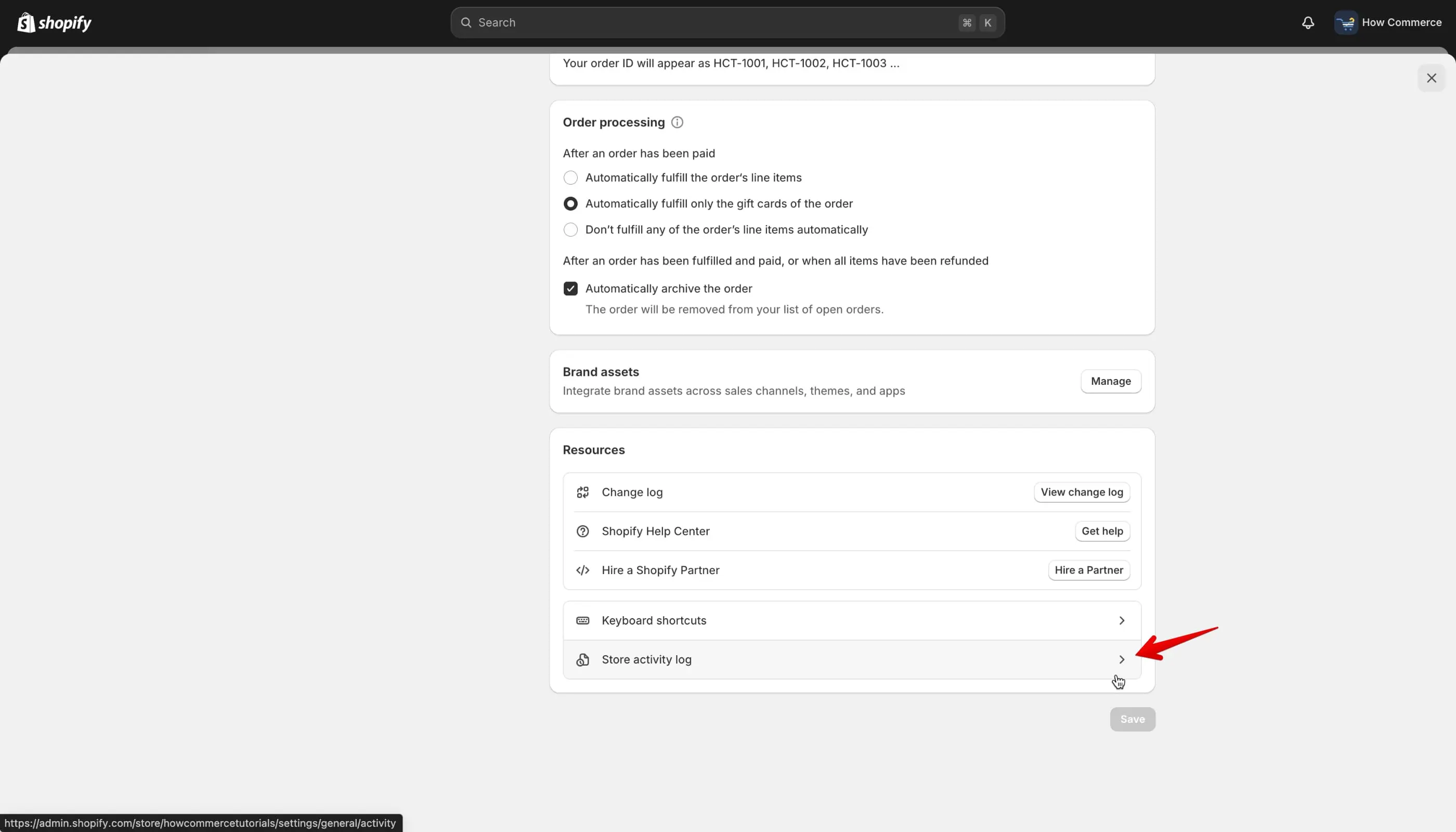 Shopify “Store activity” log menu.
