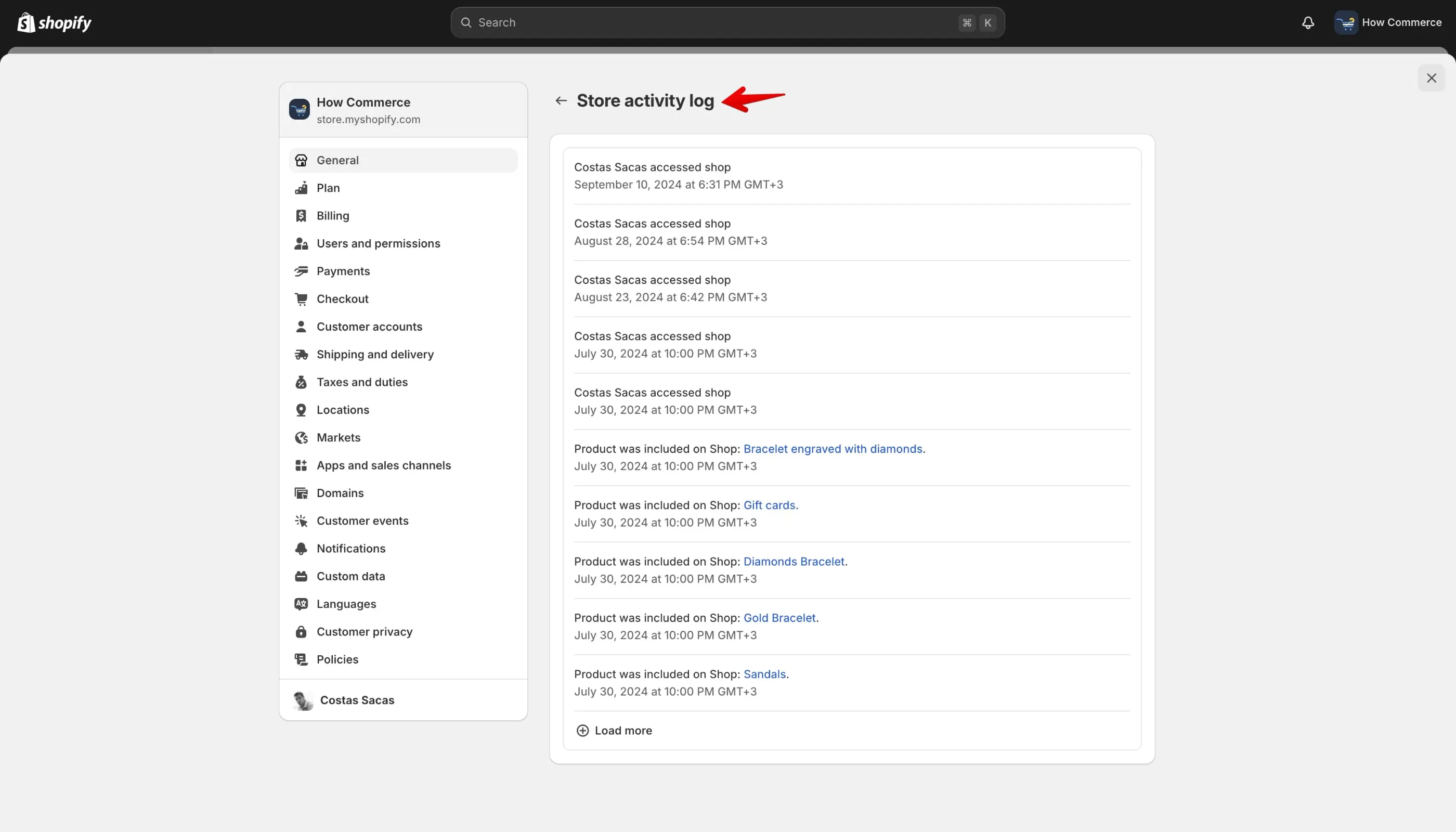 Shopify “Store activity” log view.