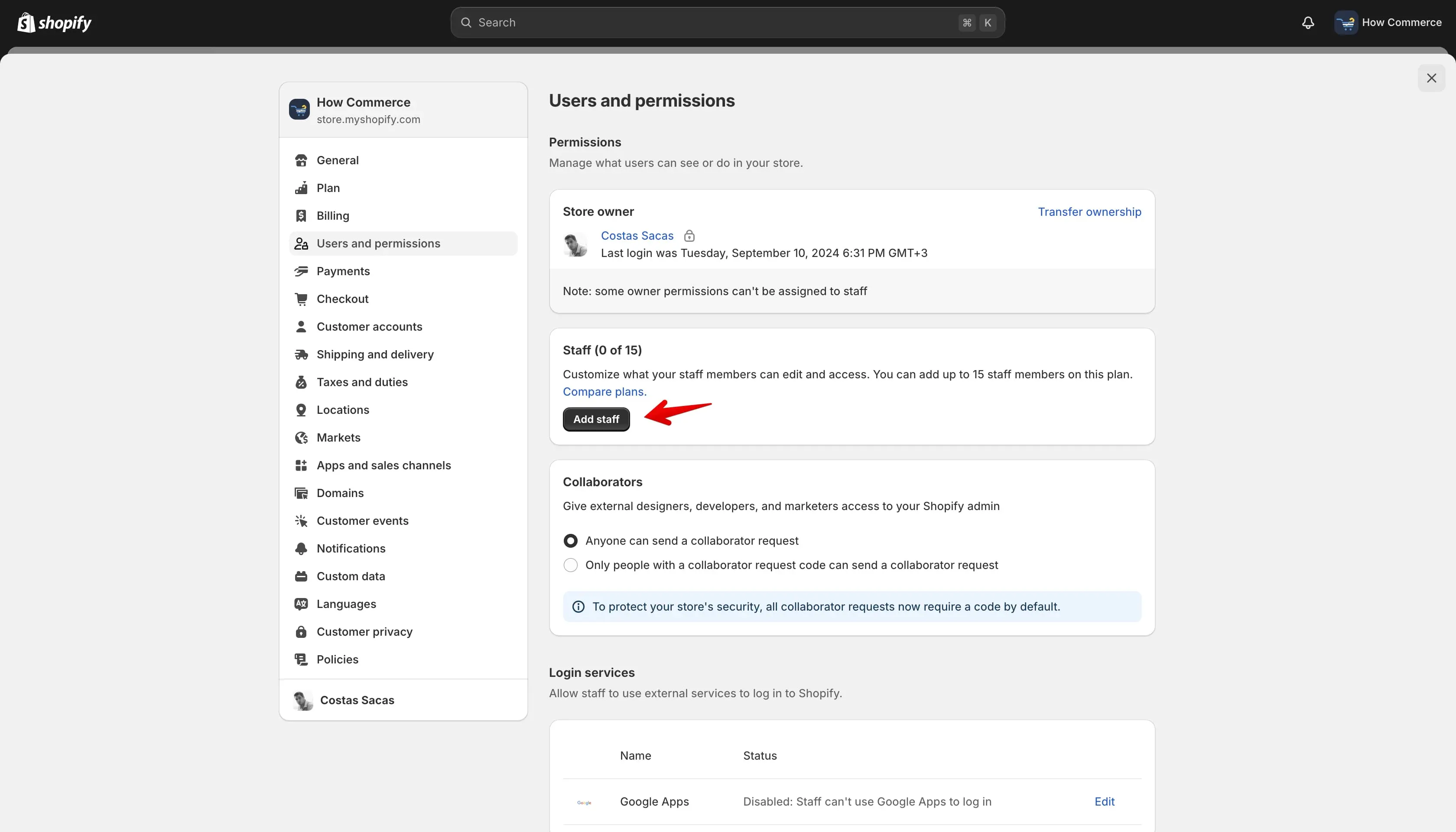 Shopify user login log when there is no staff added to the store.