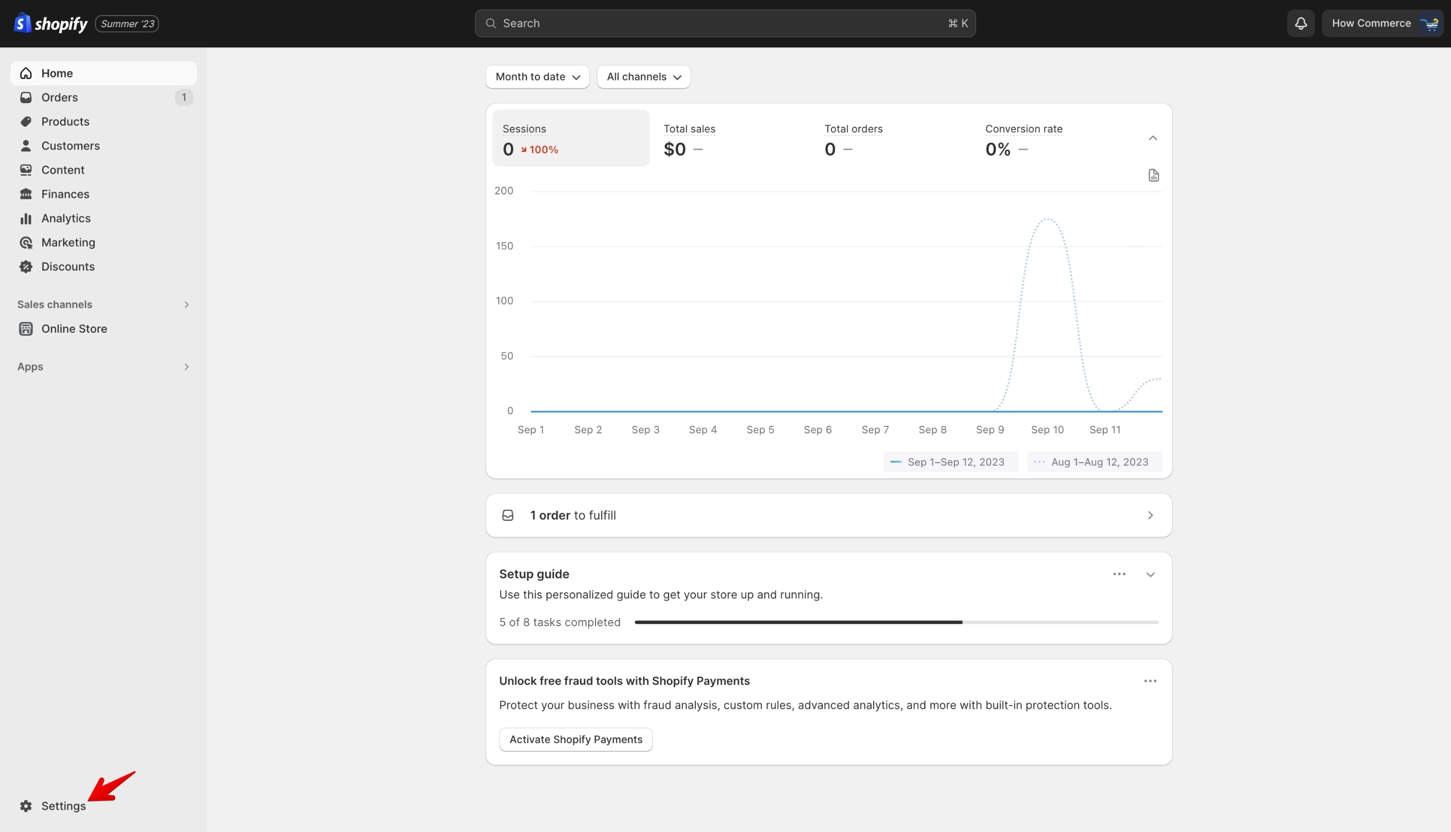 Shopify Settings menu item