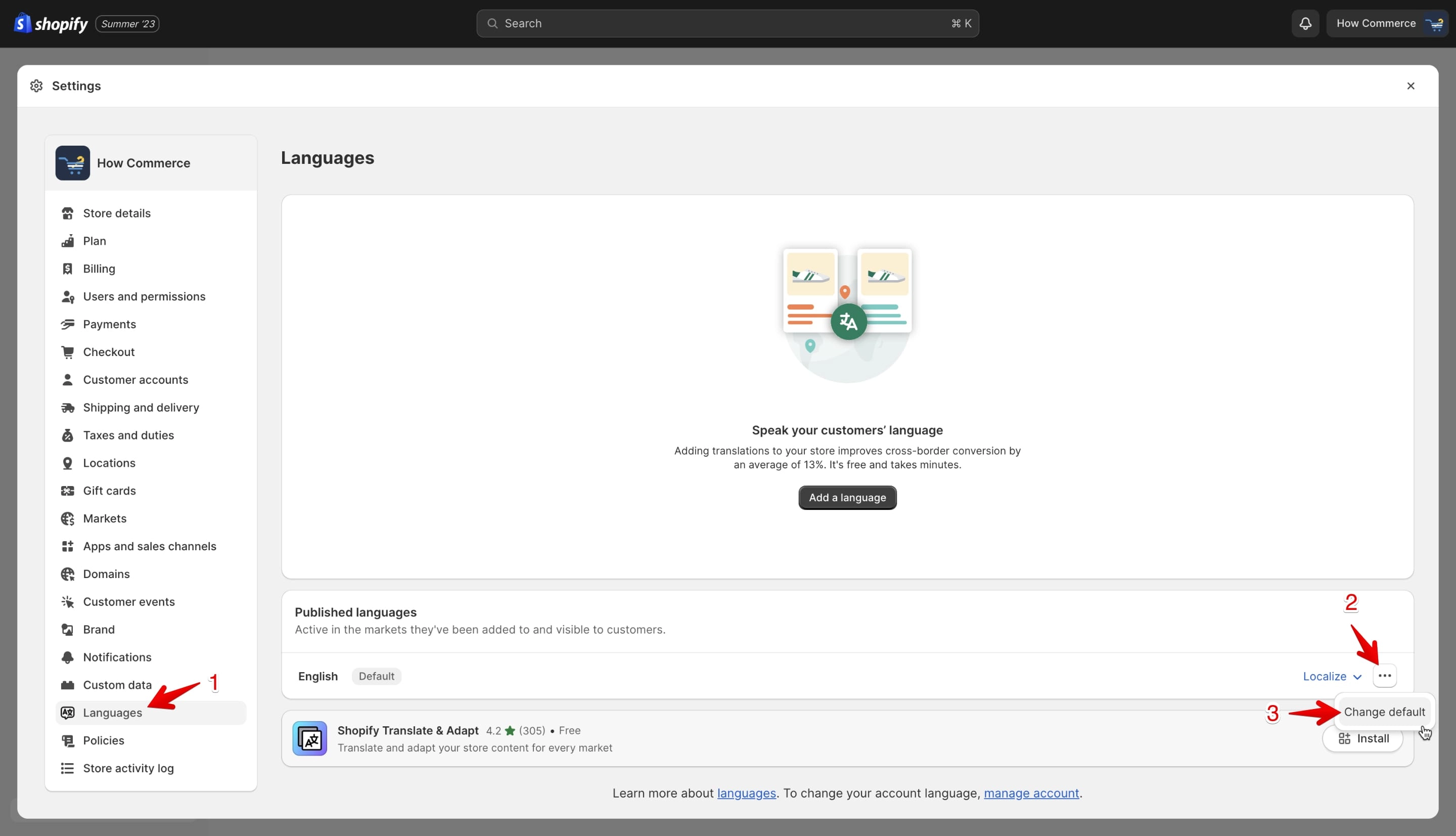 Shopify Languages option on the Settings page