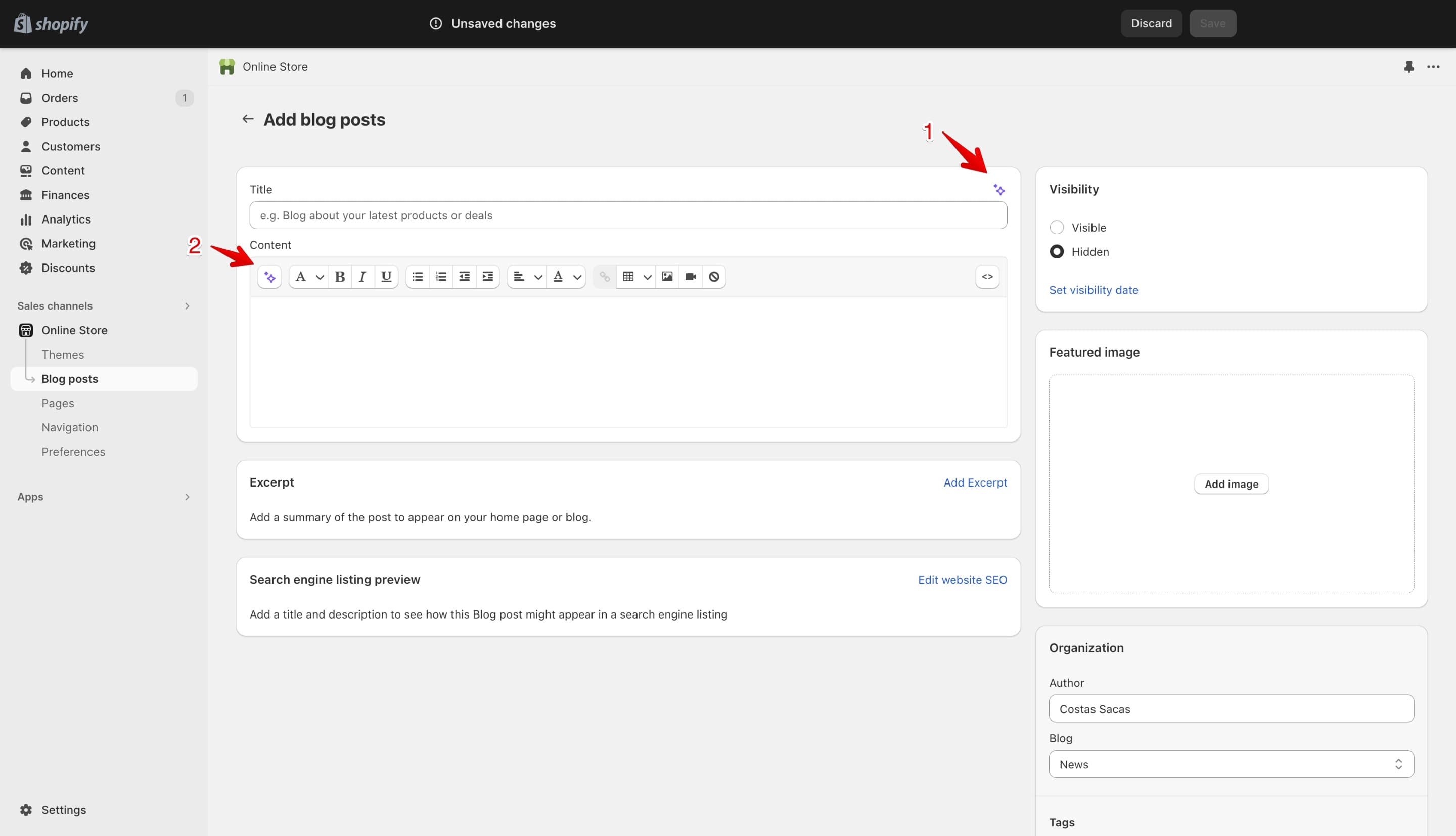 Shopify blog post page with AI icons