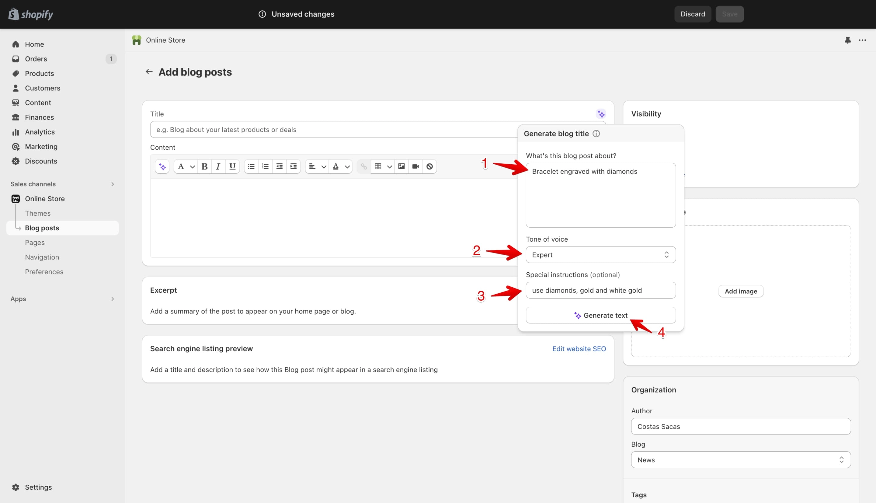 Shopify blog post AI on the title input field