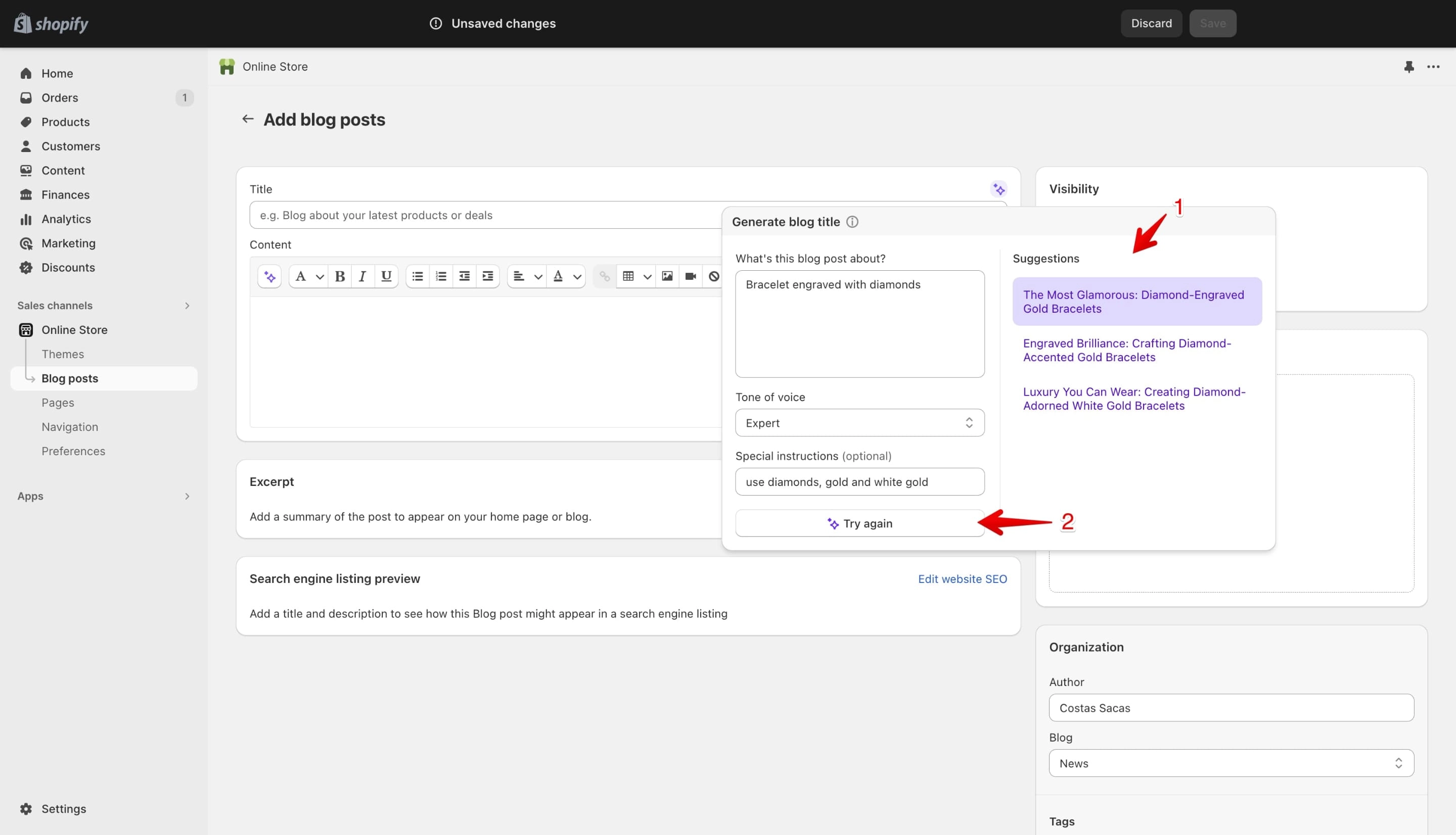 Shopify AI blog post title suggestions