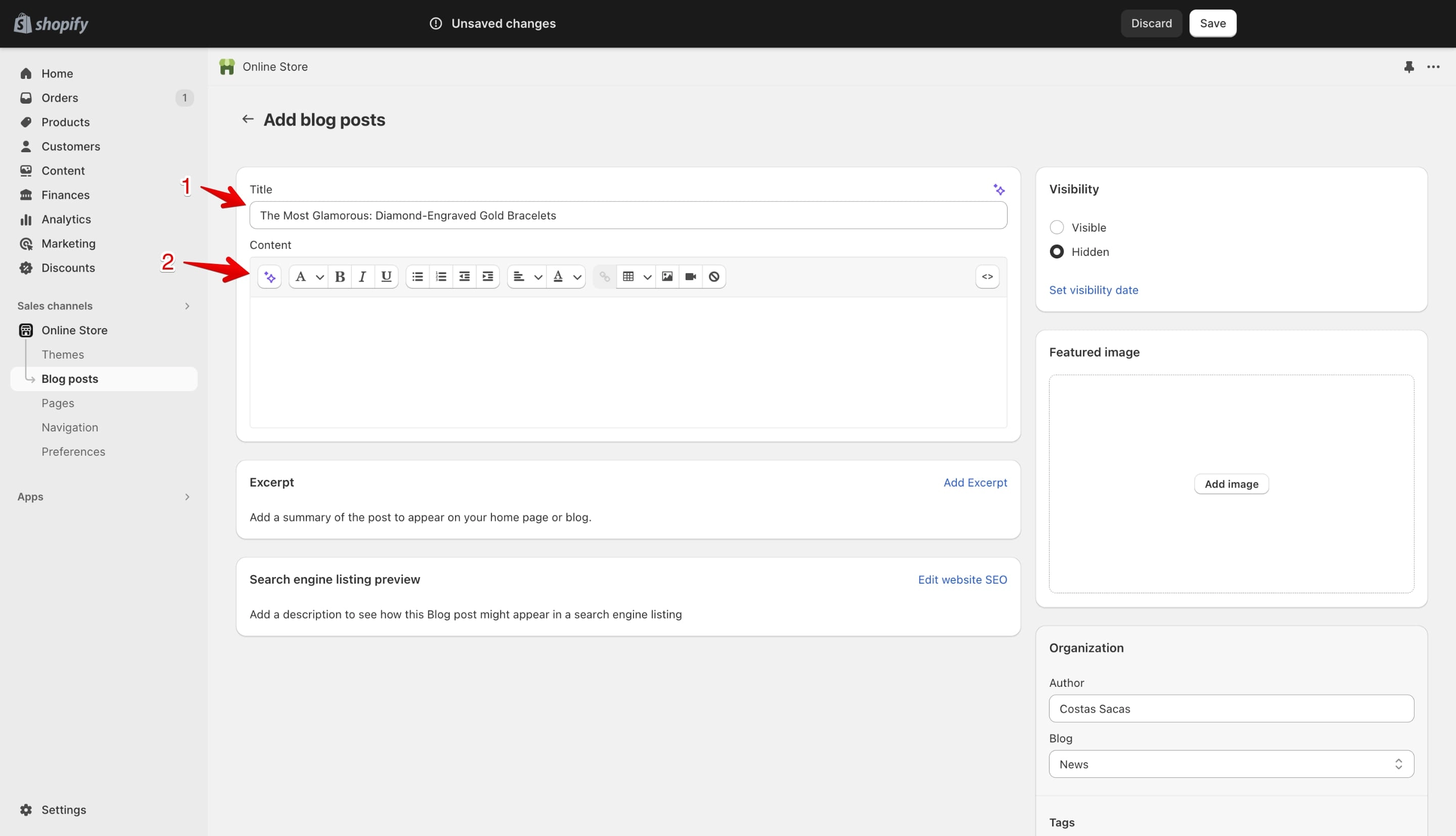 Shopify blog post title filled with AI suggestion