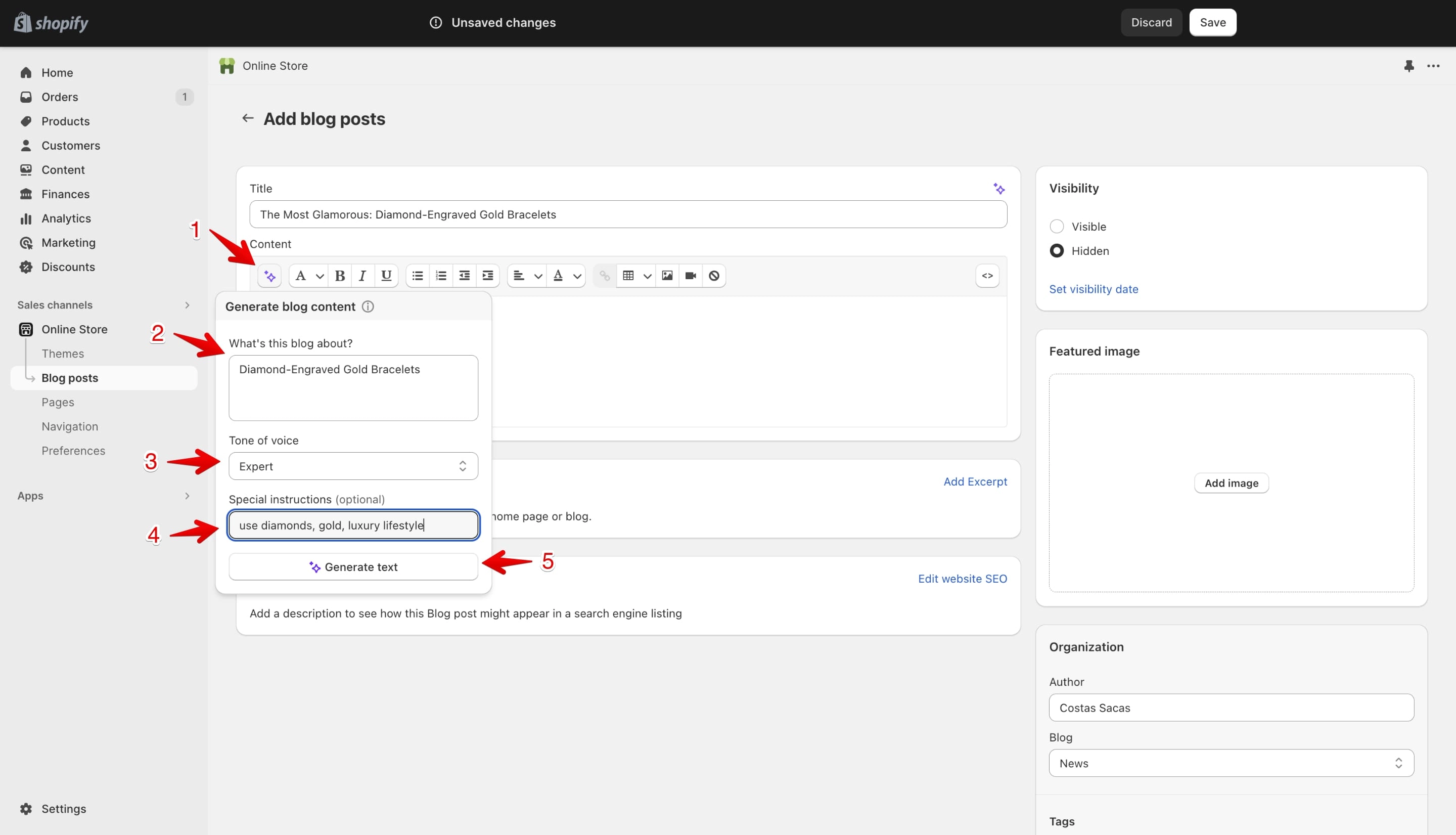 Shopify blog post page AI on the content input field