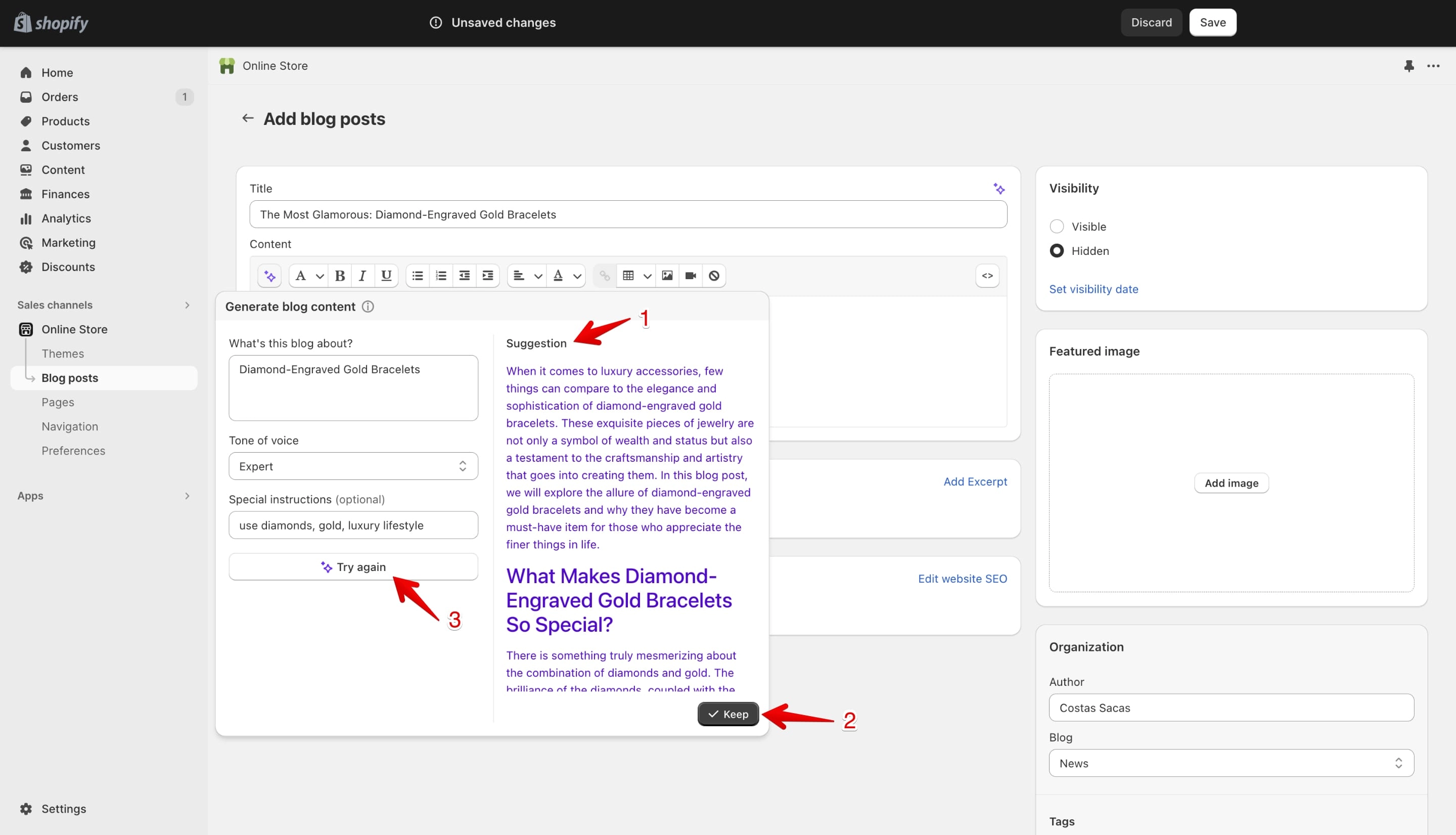 Shopify AI blog post content sample generated