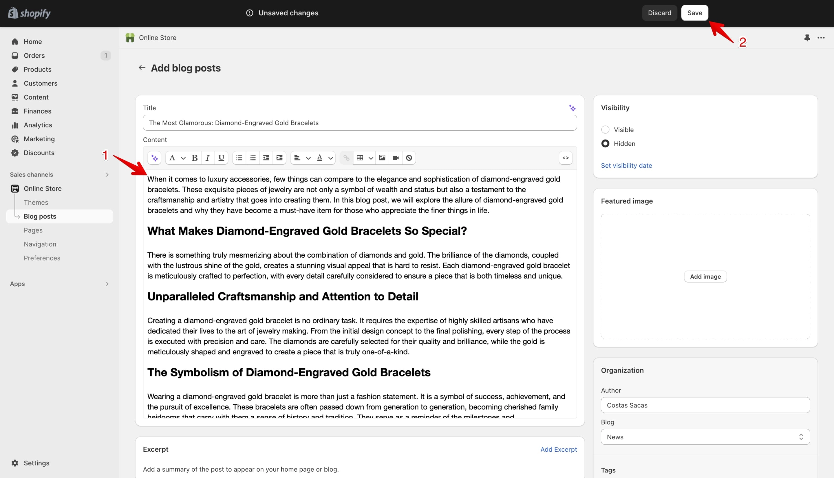 Shopify AI fills the content field with generated blog post