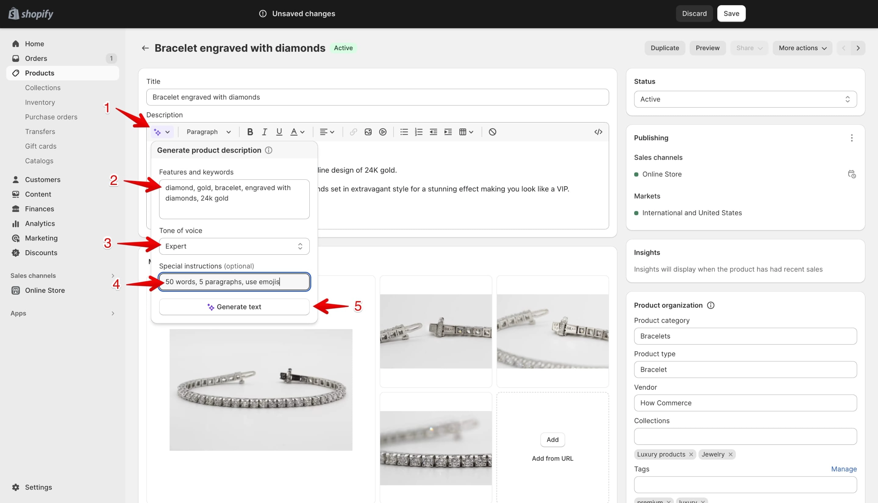 Shopify product description generation AI prompting