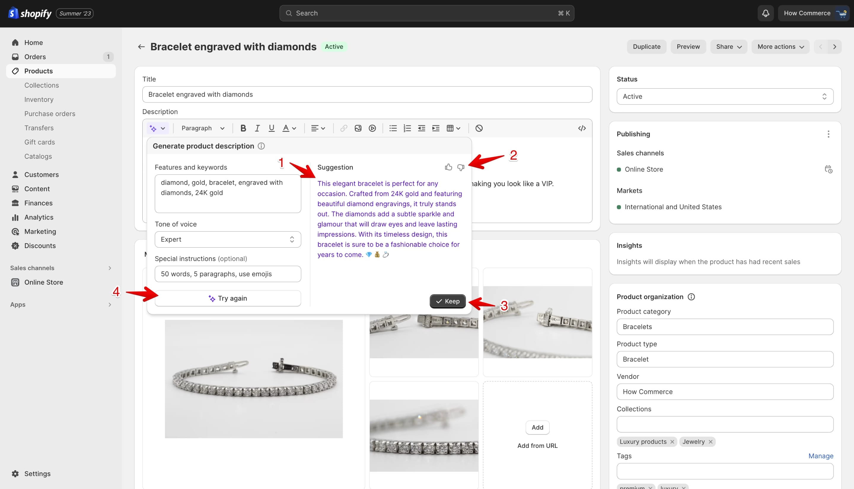 Shopify AI product description sample generated