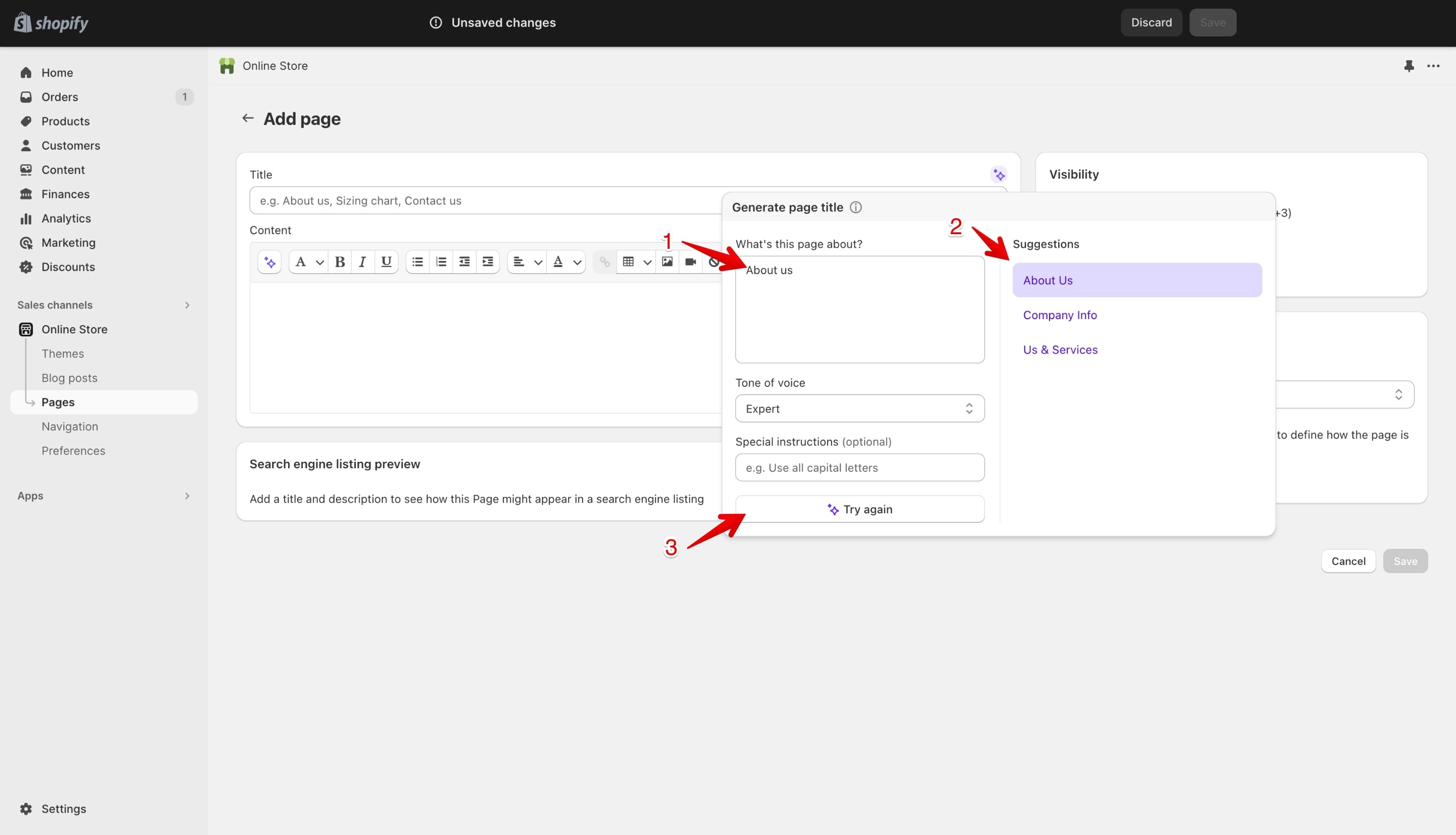 Shopify AI prompting and suggestions for page title